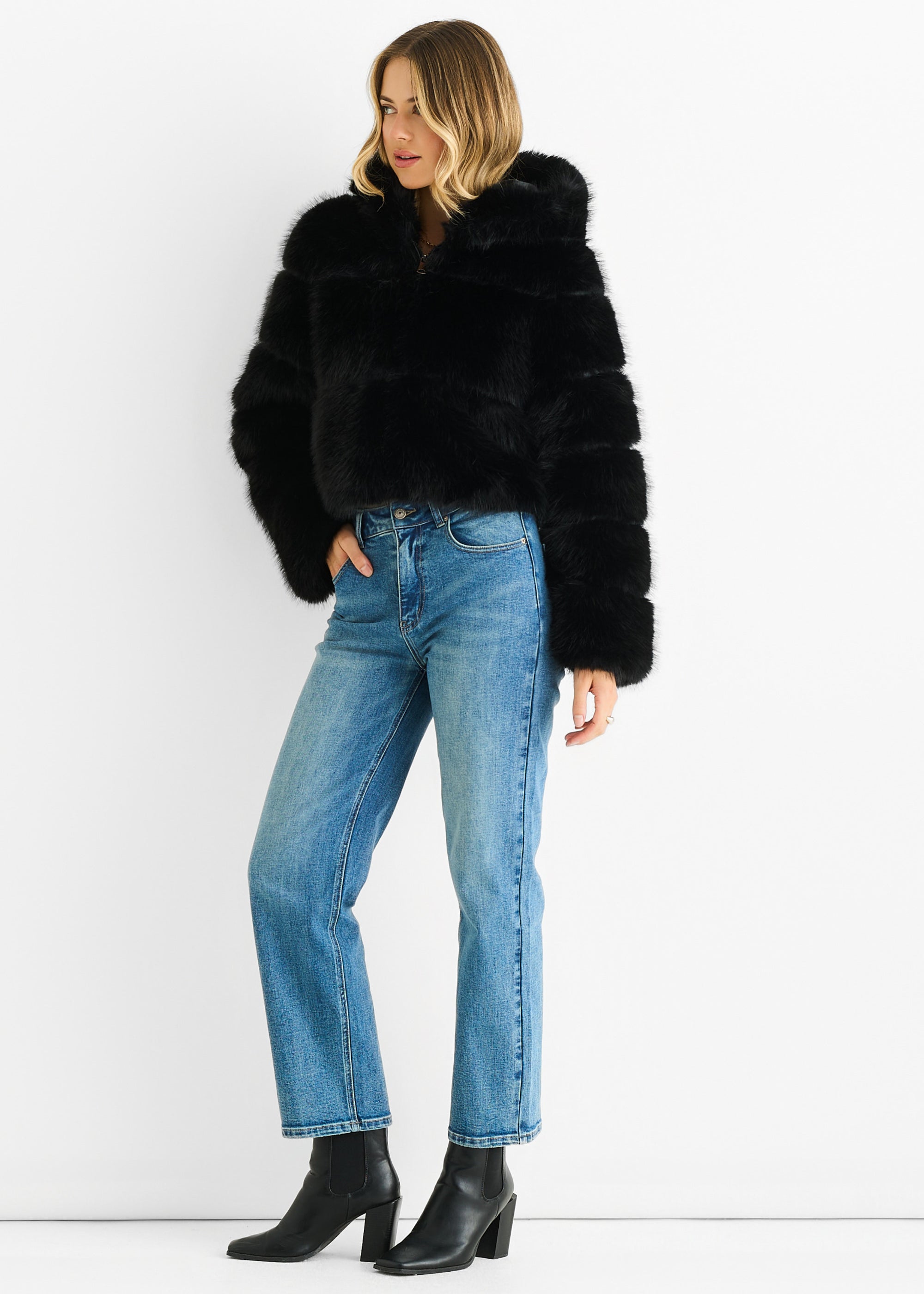 Black Panel Faux Fur Zip Front Jacket