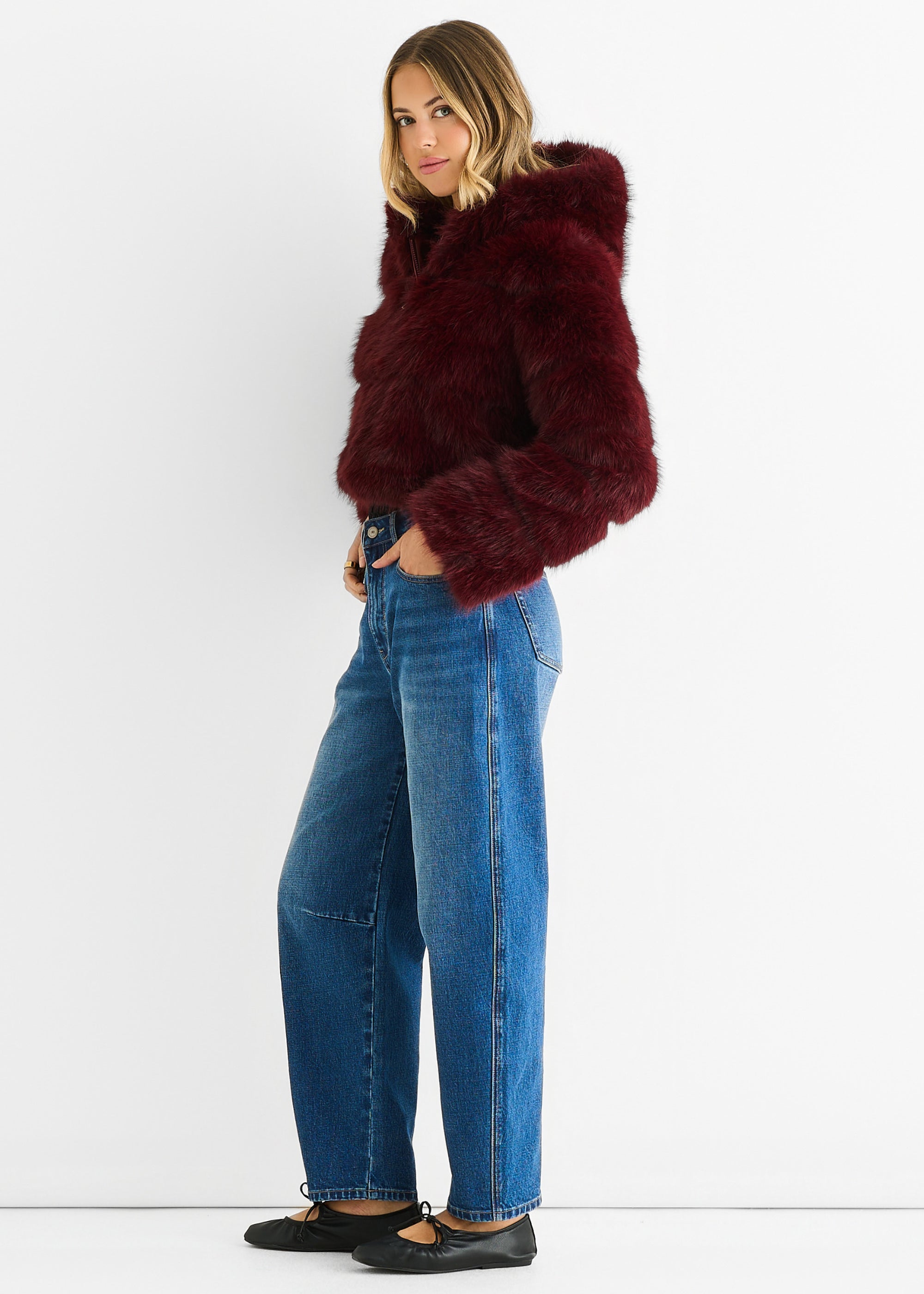 Burgundy Panel Faux Fur Zip Front Hooded Jacket