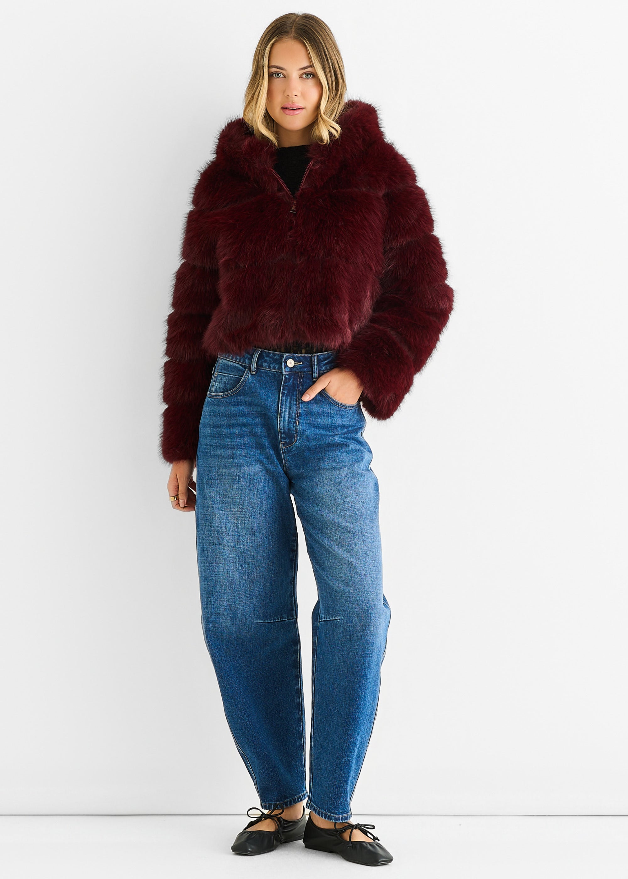 Burgundy Panel Faux Fur Zip Front Hooded Jacket