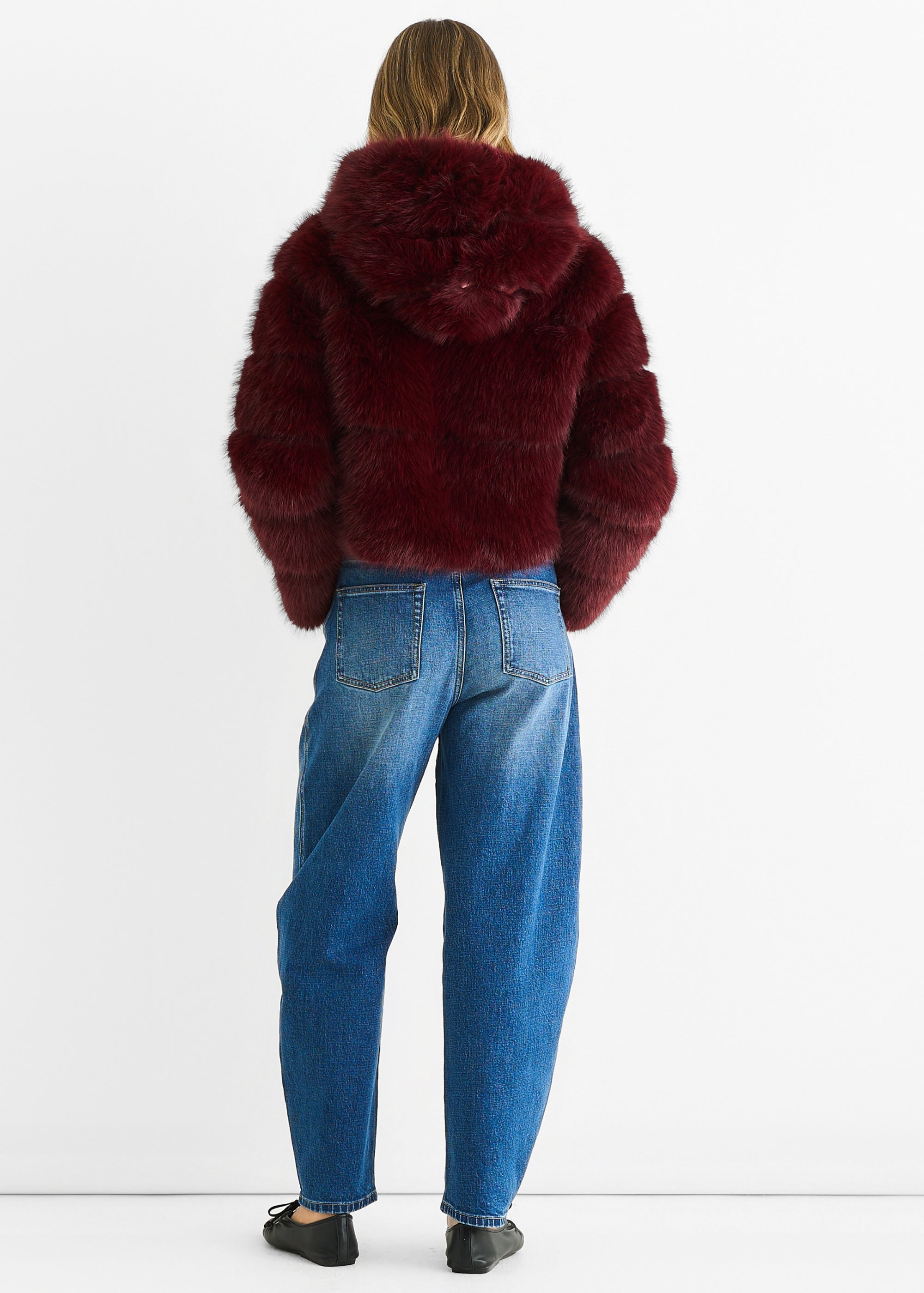 Burgundy Panel Faux Fur Zip Front Hooded Jacket