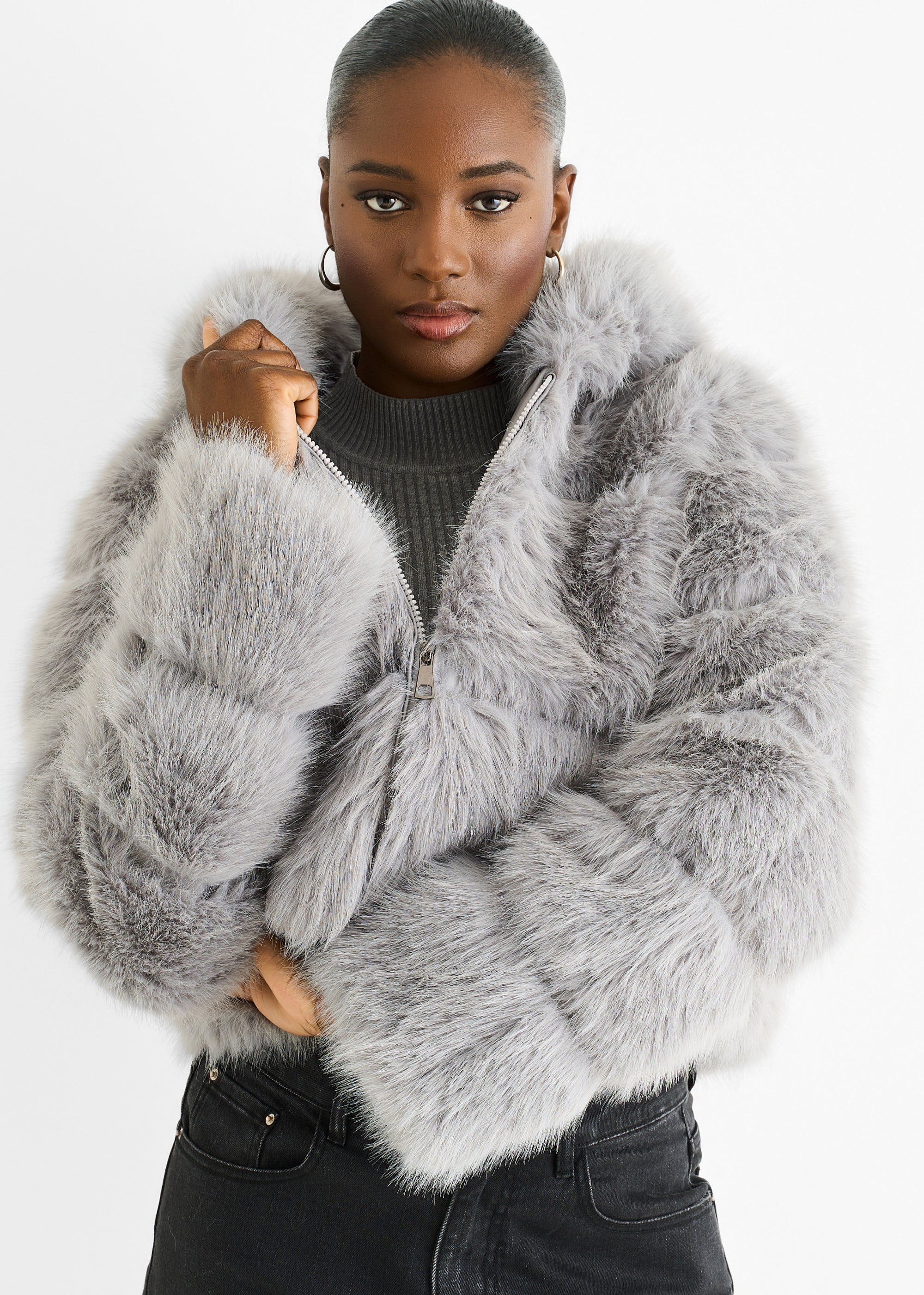 Light Grey Panel Faux Fur Zip Front Hooded Jacket