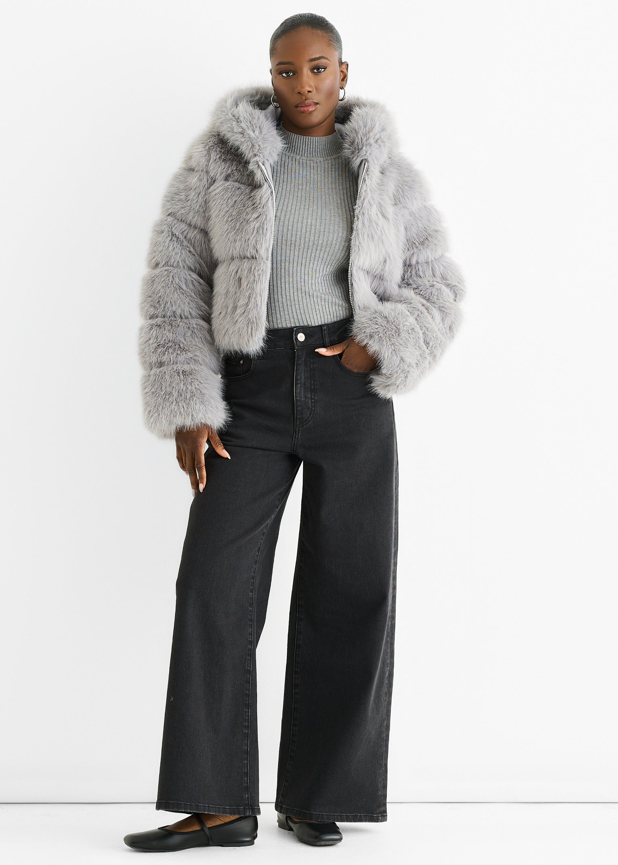 Light Grey Panel Faux Fur Zip Front Hooded Jacket