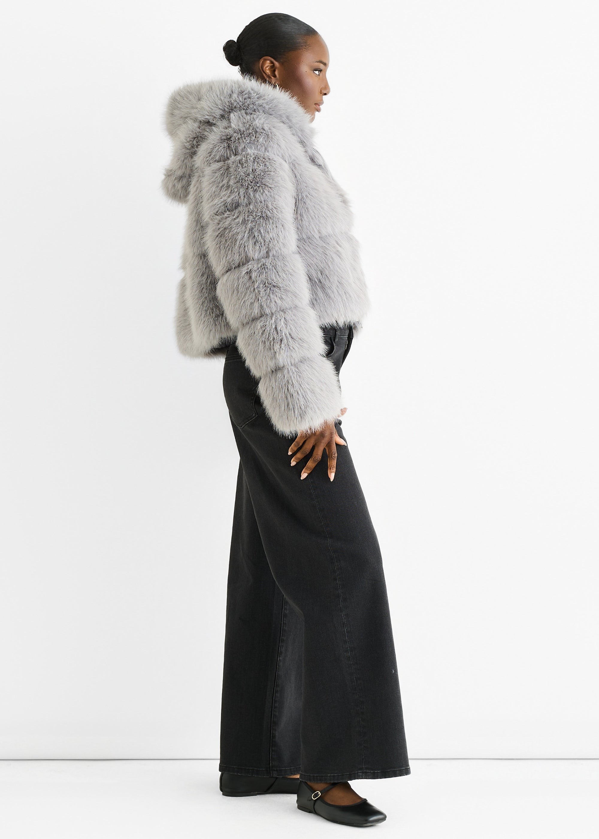 Light Grey Panel Faux Fur Zip Front Hooded Jacket