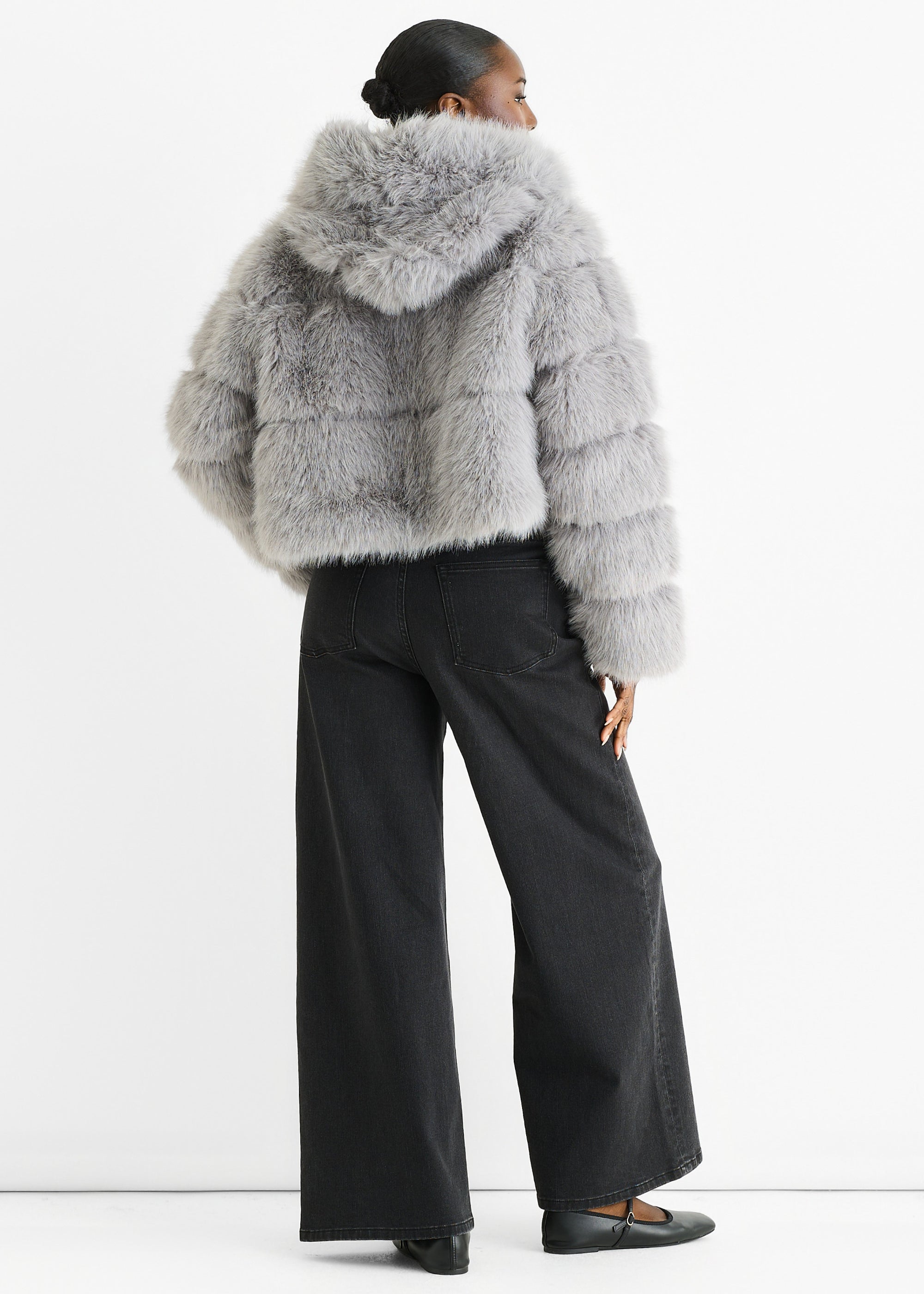 Light Grey Panel Faux Fur Zip Front Hooded Jacket