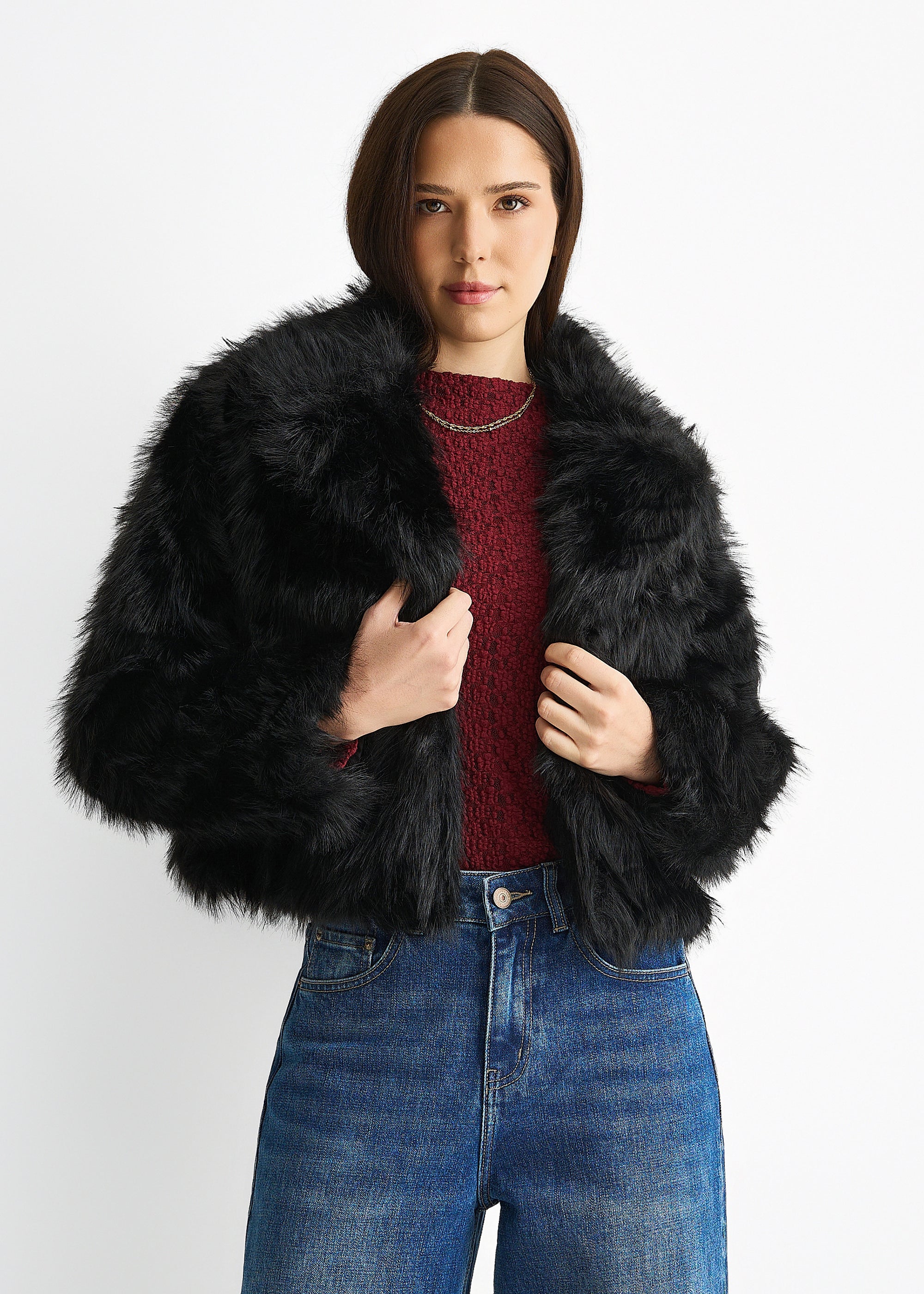 Black Faux Fur Lapel Short jacket