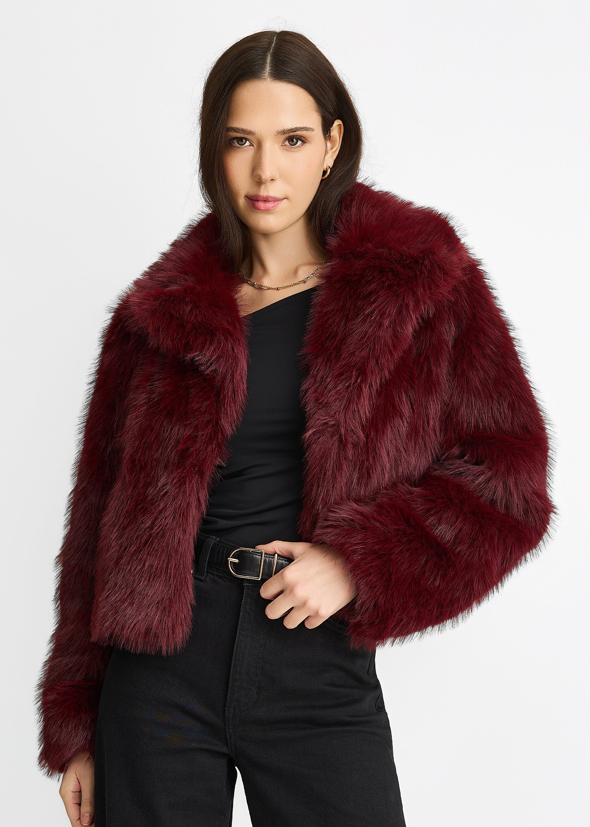 Burgundy Faux Fur Lapel Short jacket