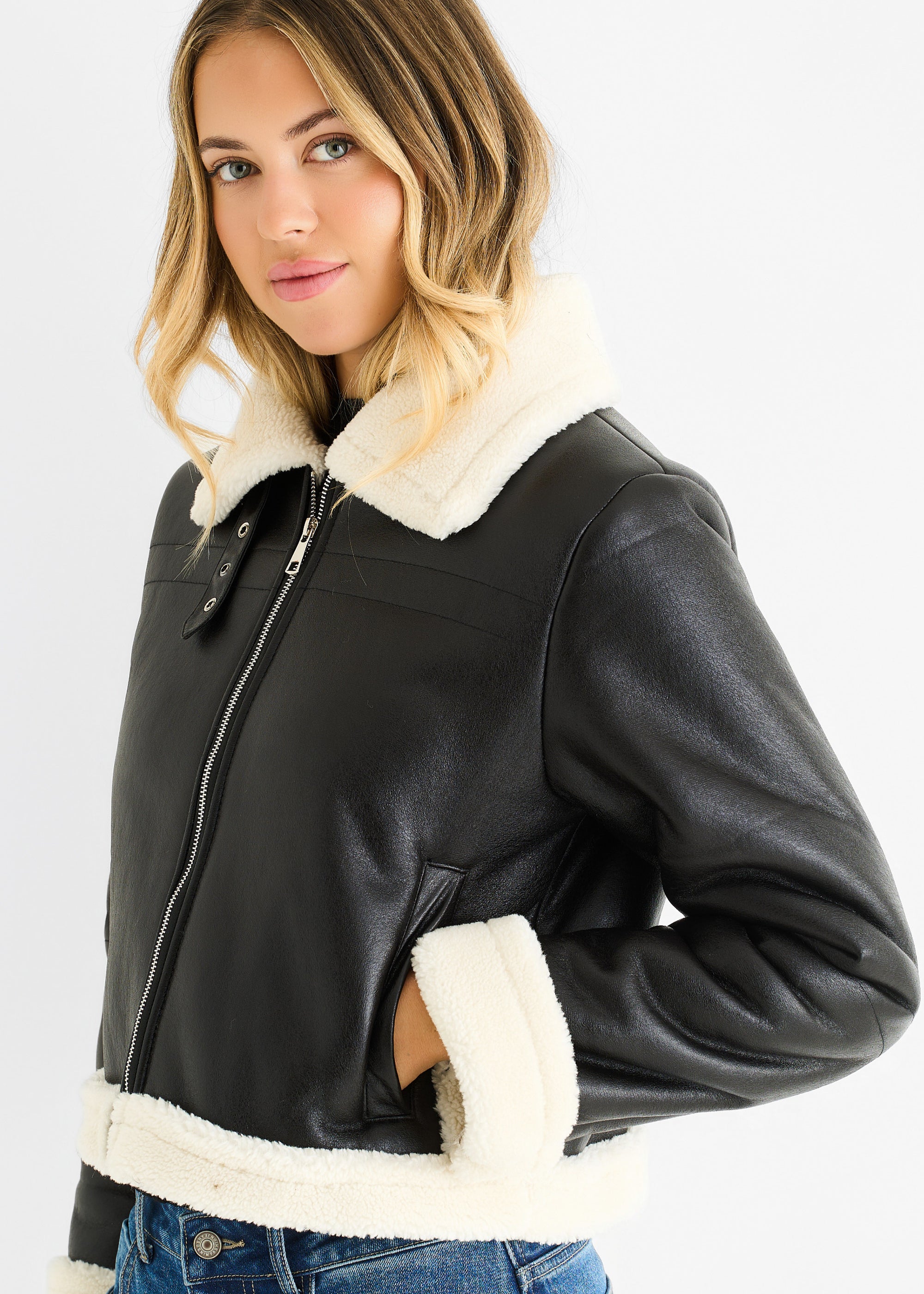 Black Faux Leather Shearling Fur Aviator Jacket