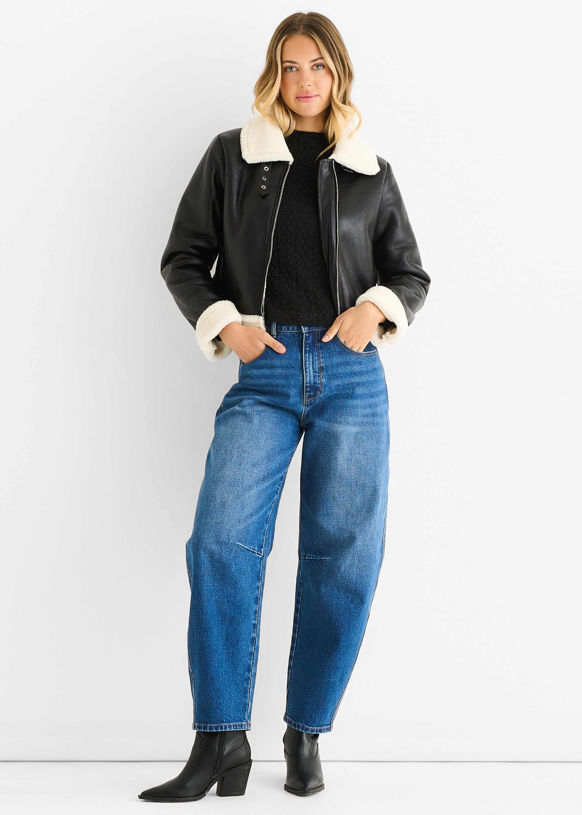 Black Faux Leather Shearling Fur Aviator Jacket