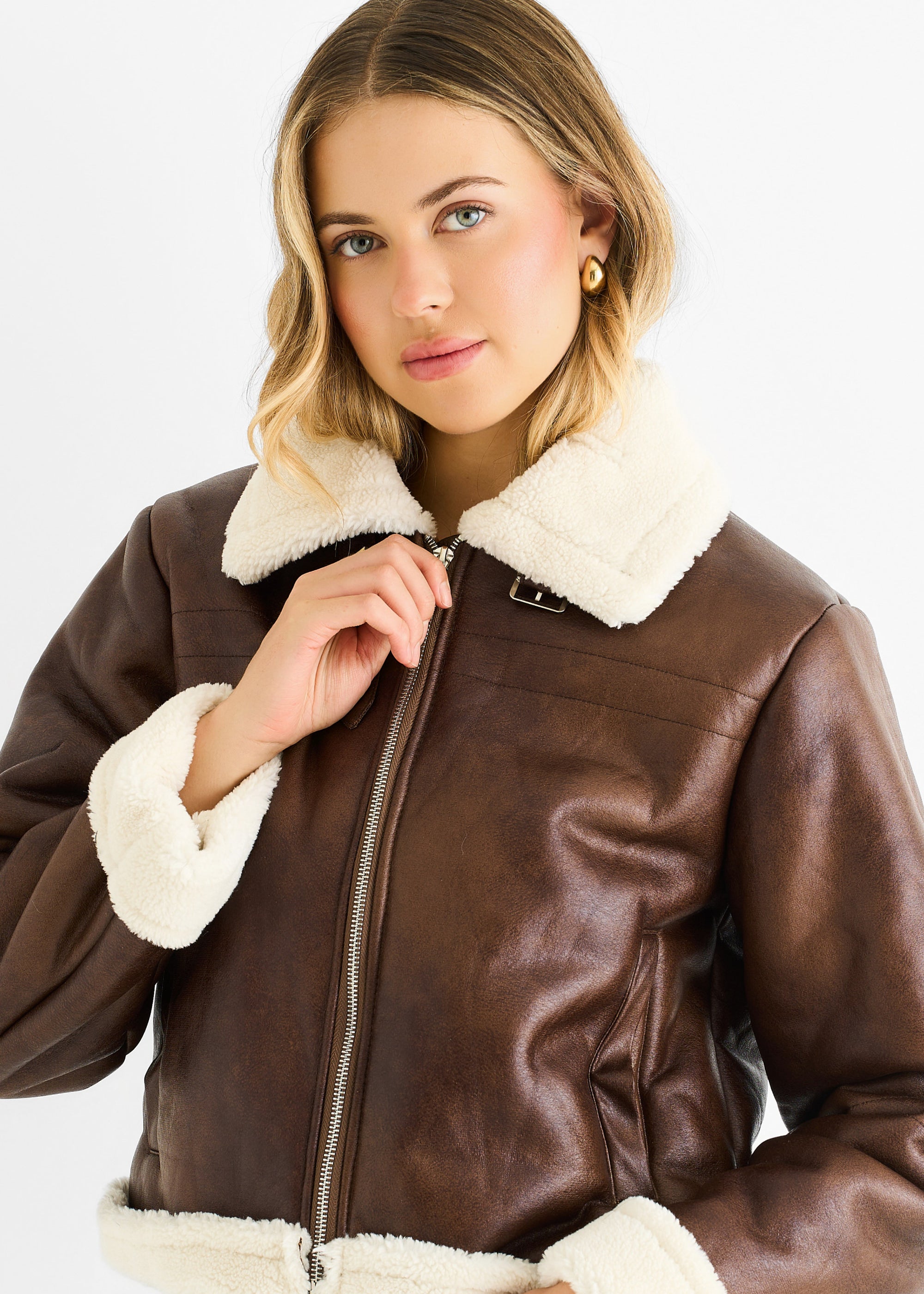 Brown Faux Leather Shearling Fur Aviator Jacket
