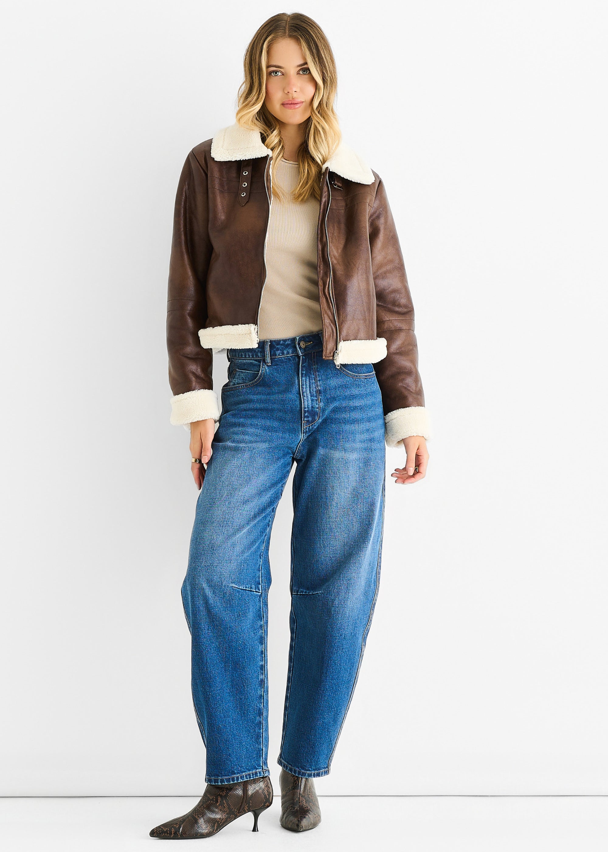 Brown Faux Leather Shearling Fur Aviator Jacket