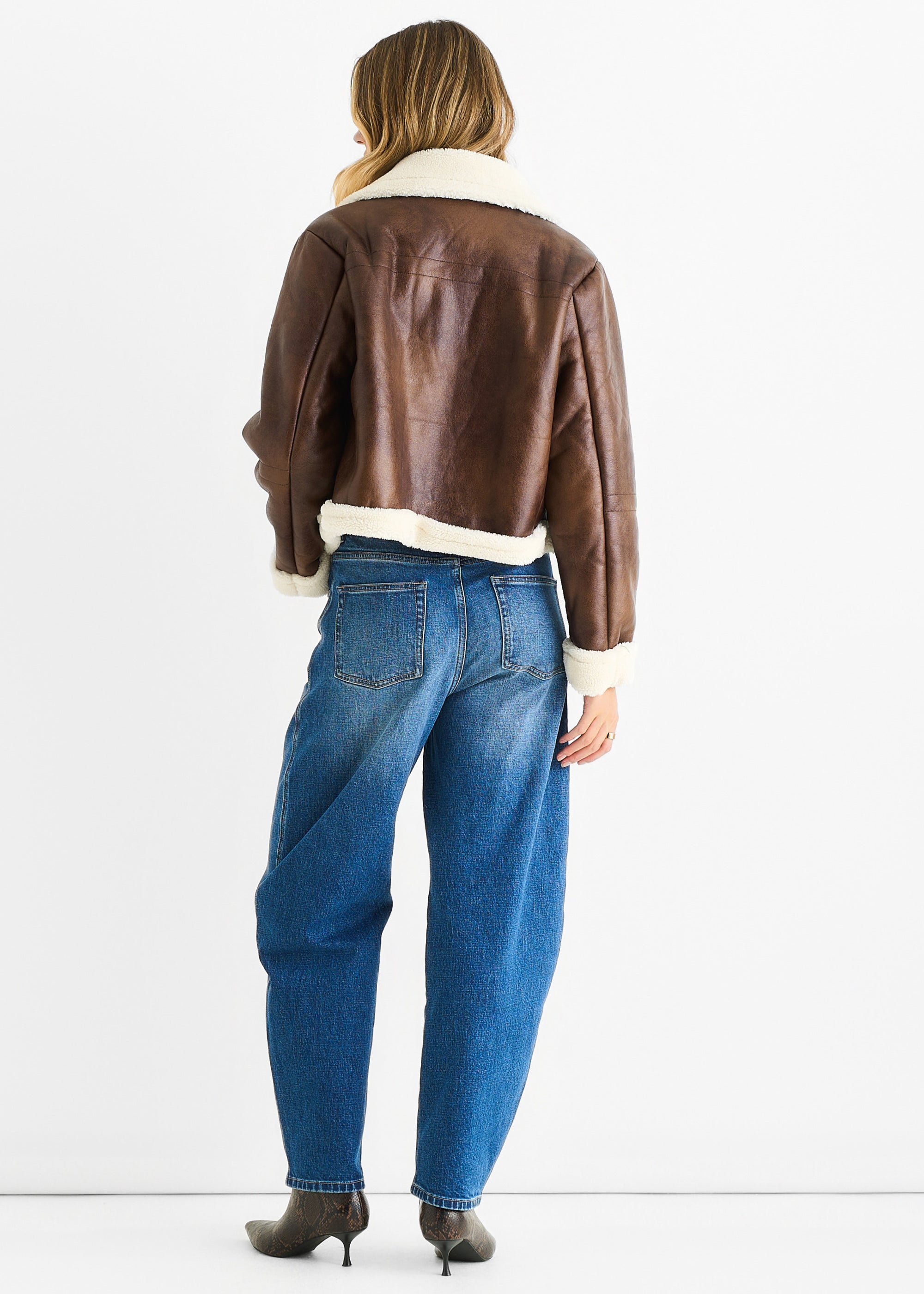 Brown Faux Leather Shearling Fur Aviator Jacket