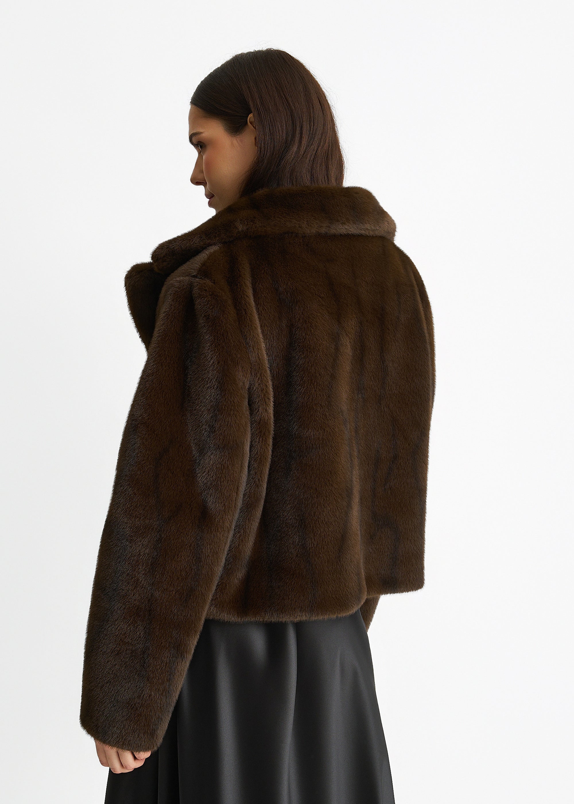 Coffee Crushed Look Faux Fur Cropped Jacket