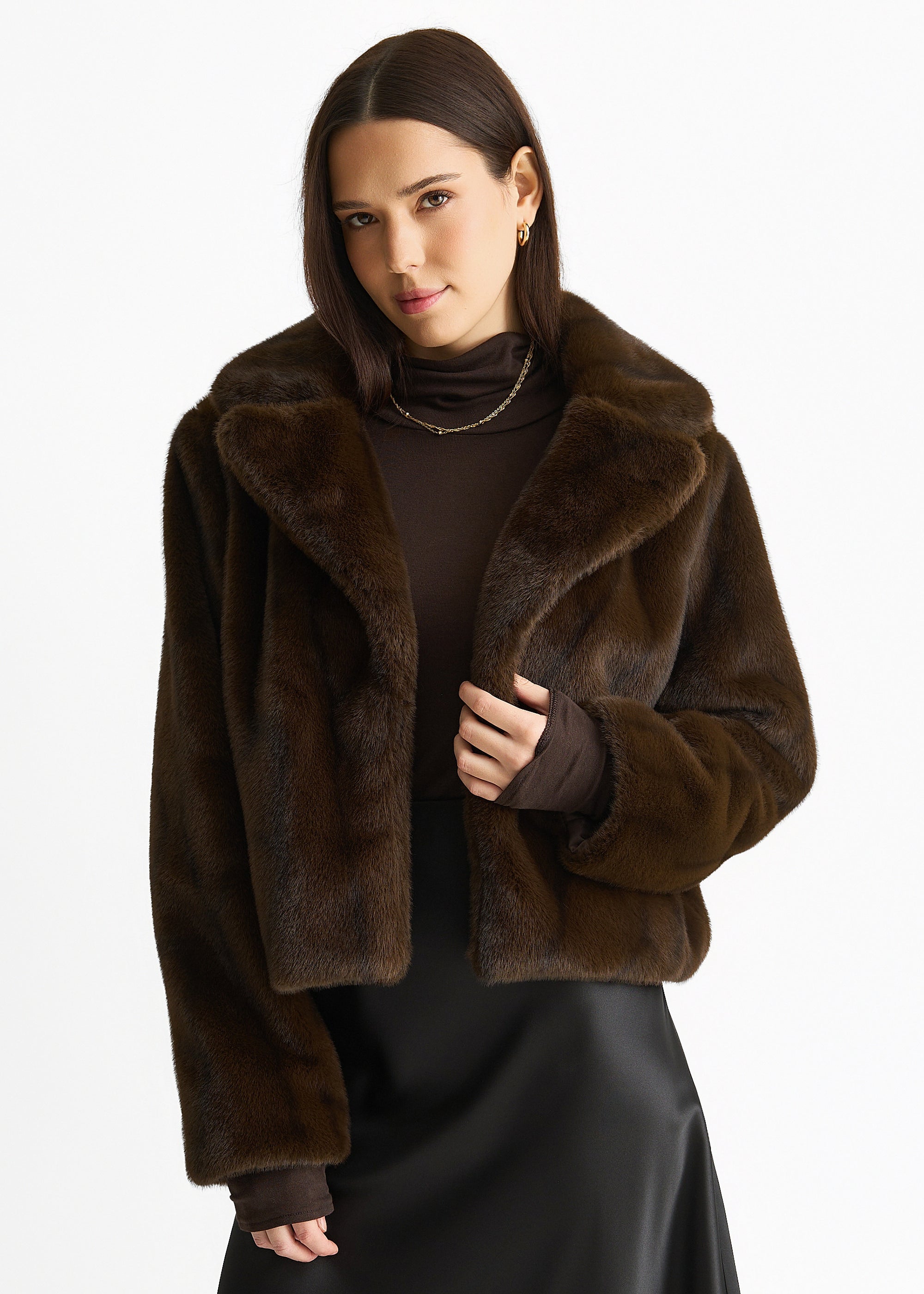 Coffee Crushed Look Faux Fur Cropped Jacket
