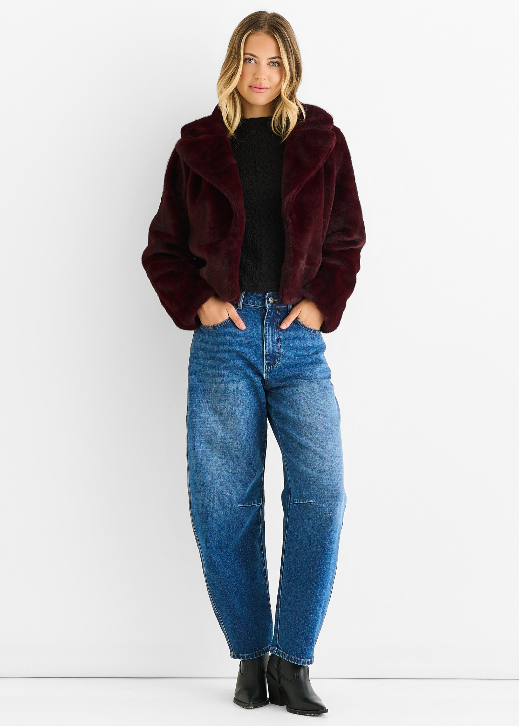 Plum Crushed Look Faux Fur Cropped Jacket