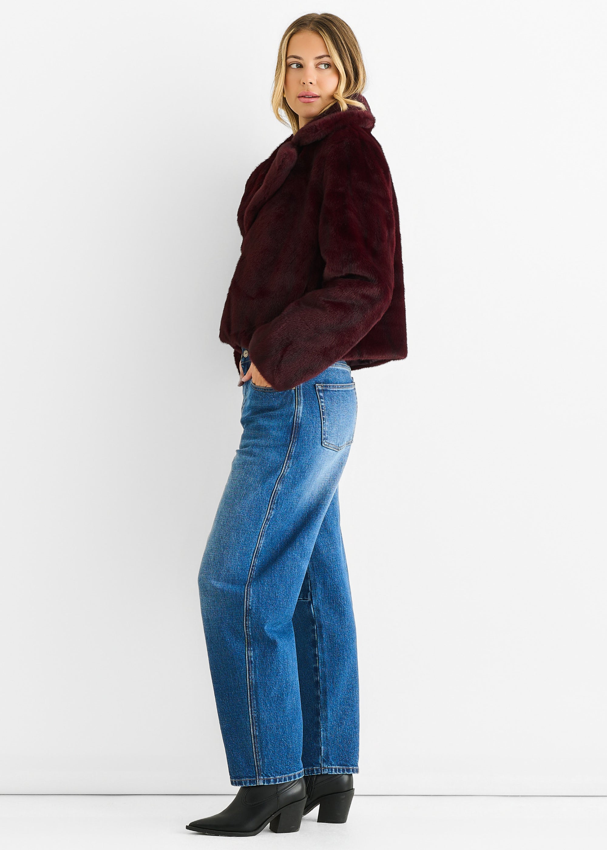 Plum Crushed Look Faux Fur Cropped Jacket