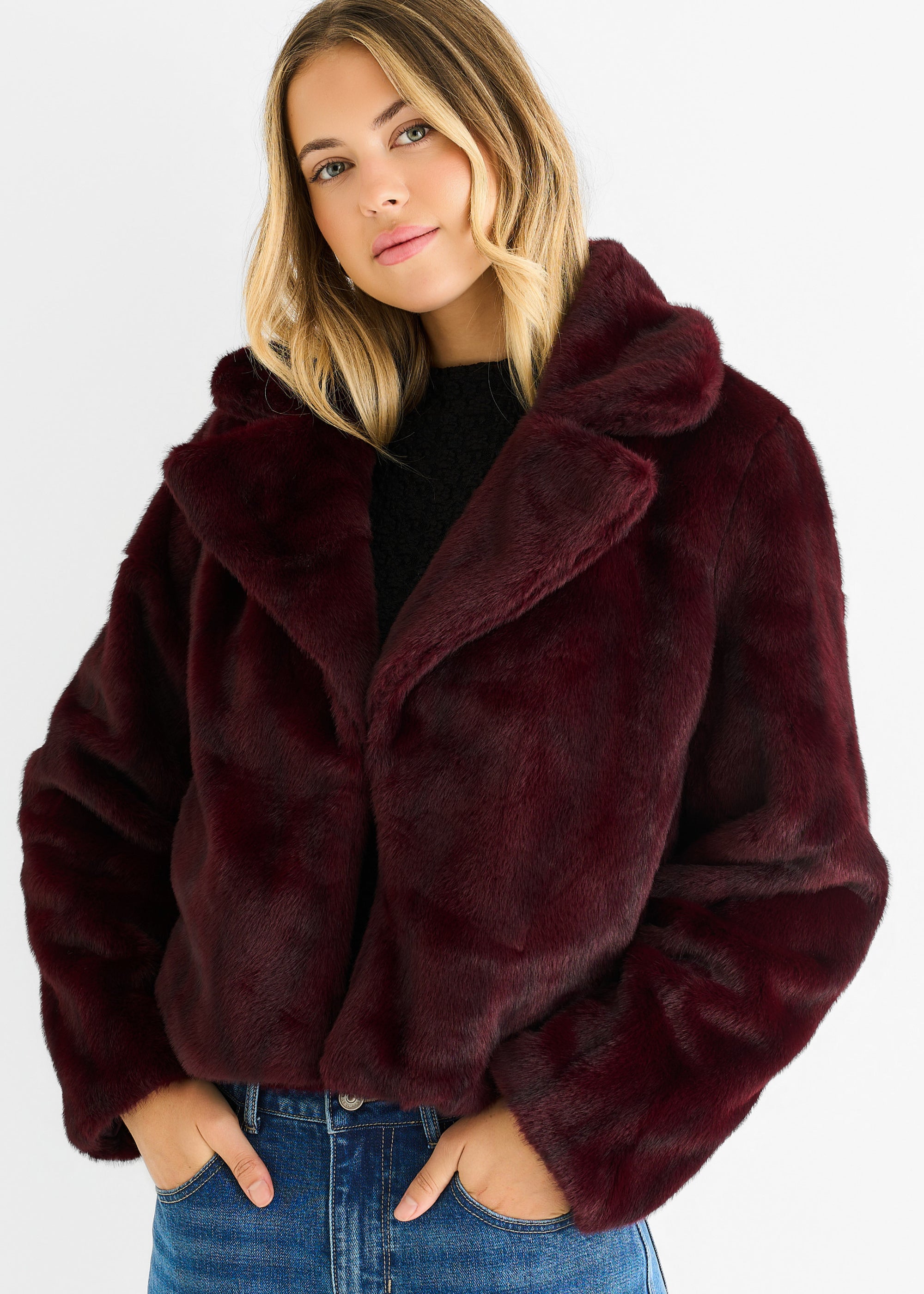 Plum Crushed Look Faux Fur Cropped Jacket