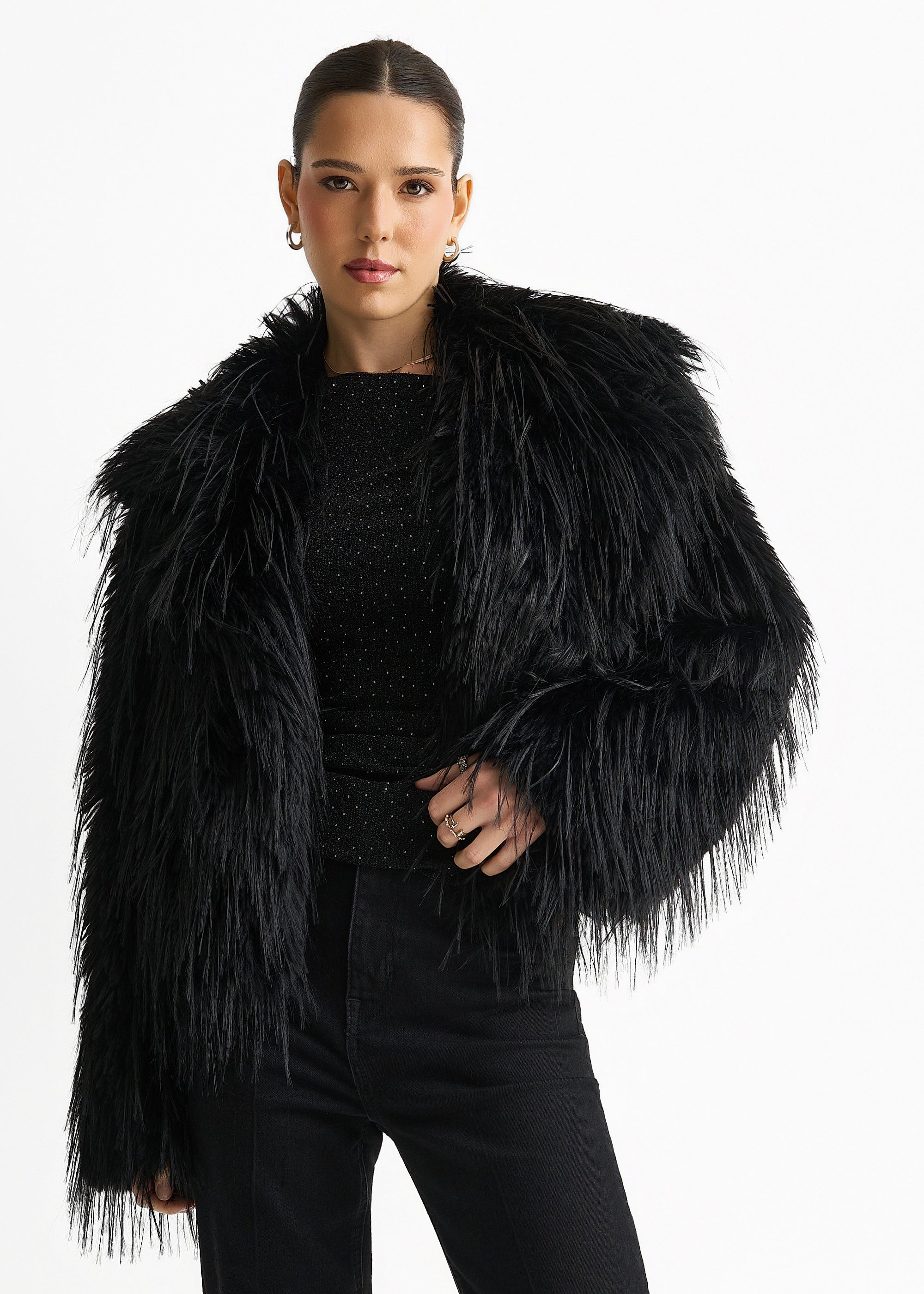 Black Plain Fringe Faux Fur Short Jacket – Gini London
