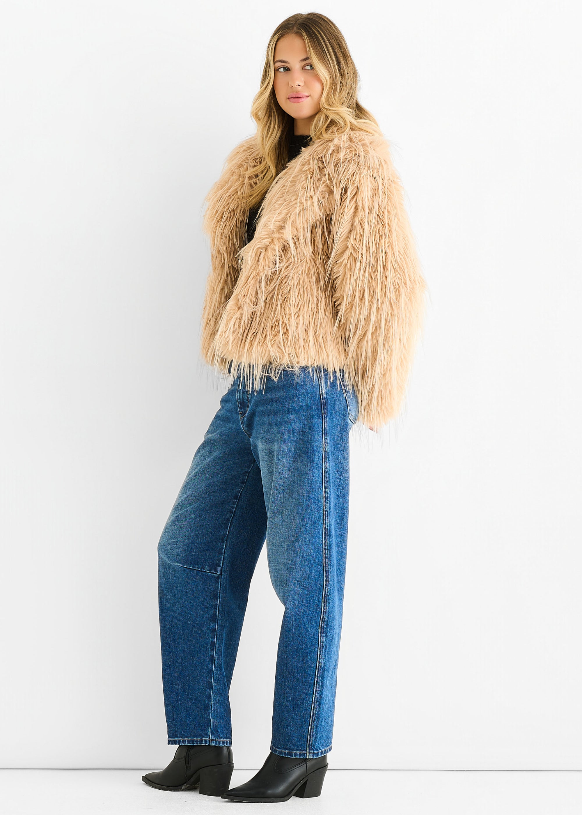 Light Camel Plain Fringe Faux Fur Short Jacket