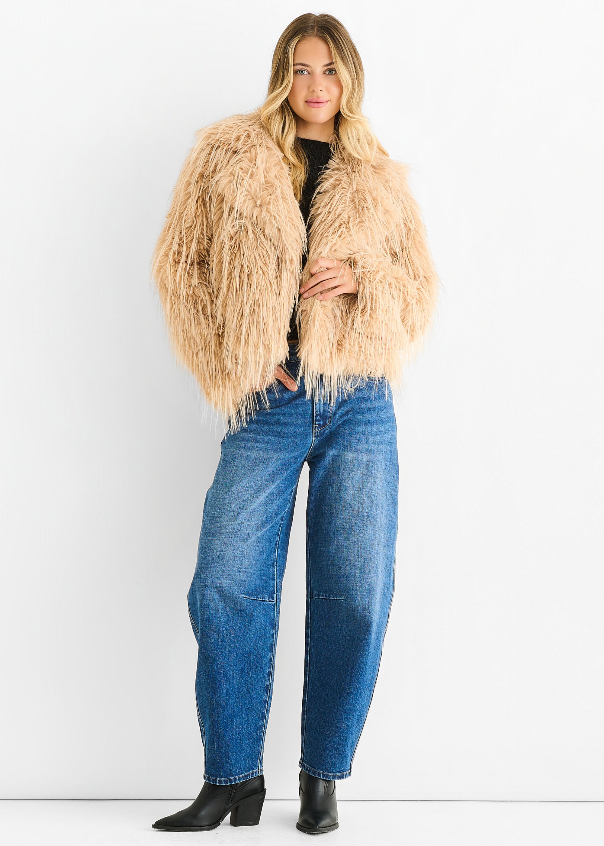Light Camel Plain Fringe Faux Fur Short Jacket