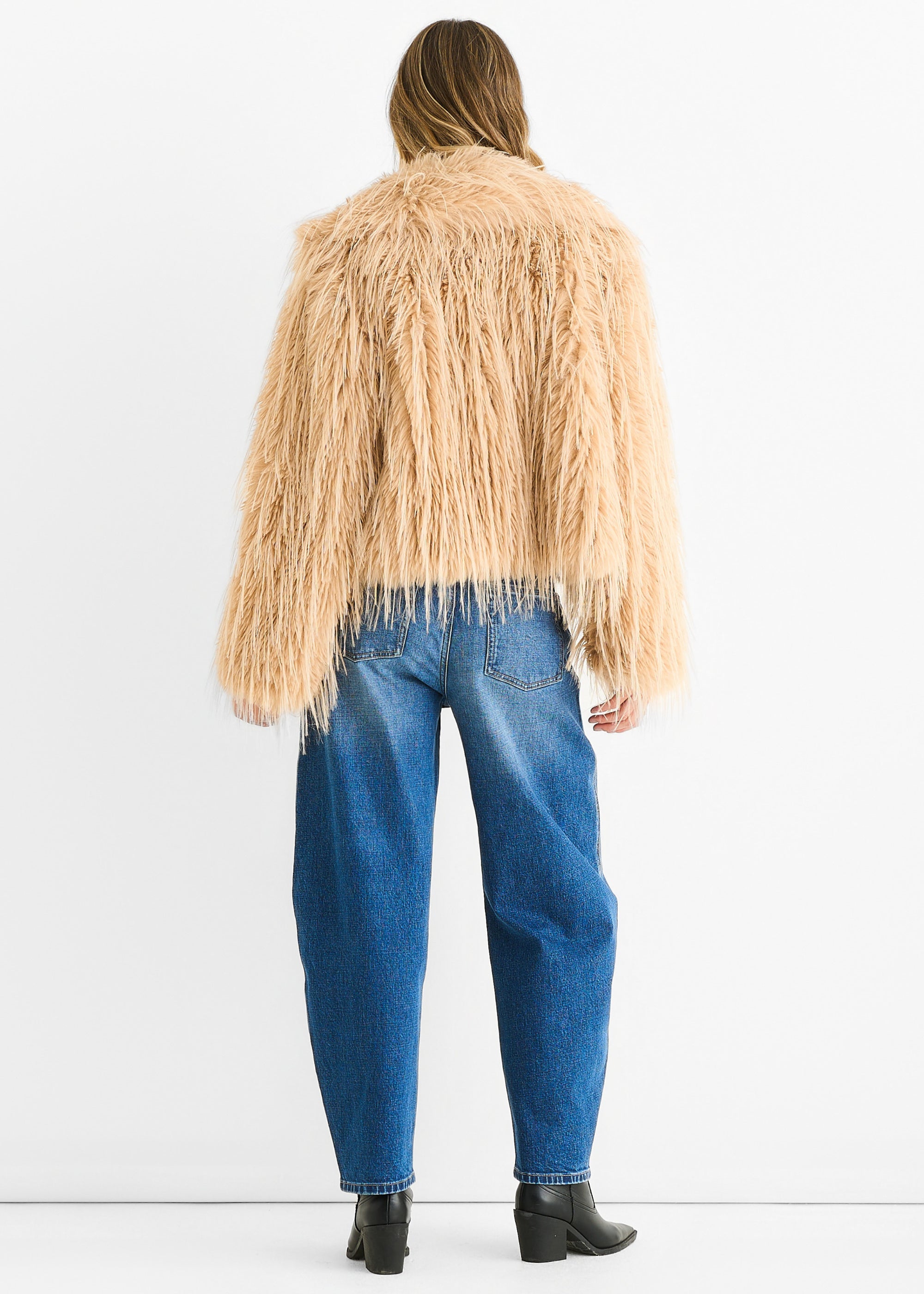 Light Camel Plain Fringe Faux Fur Short Jacket