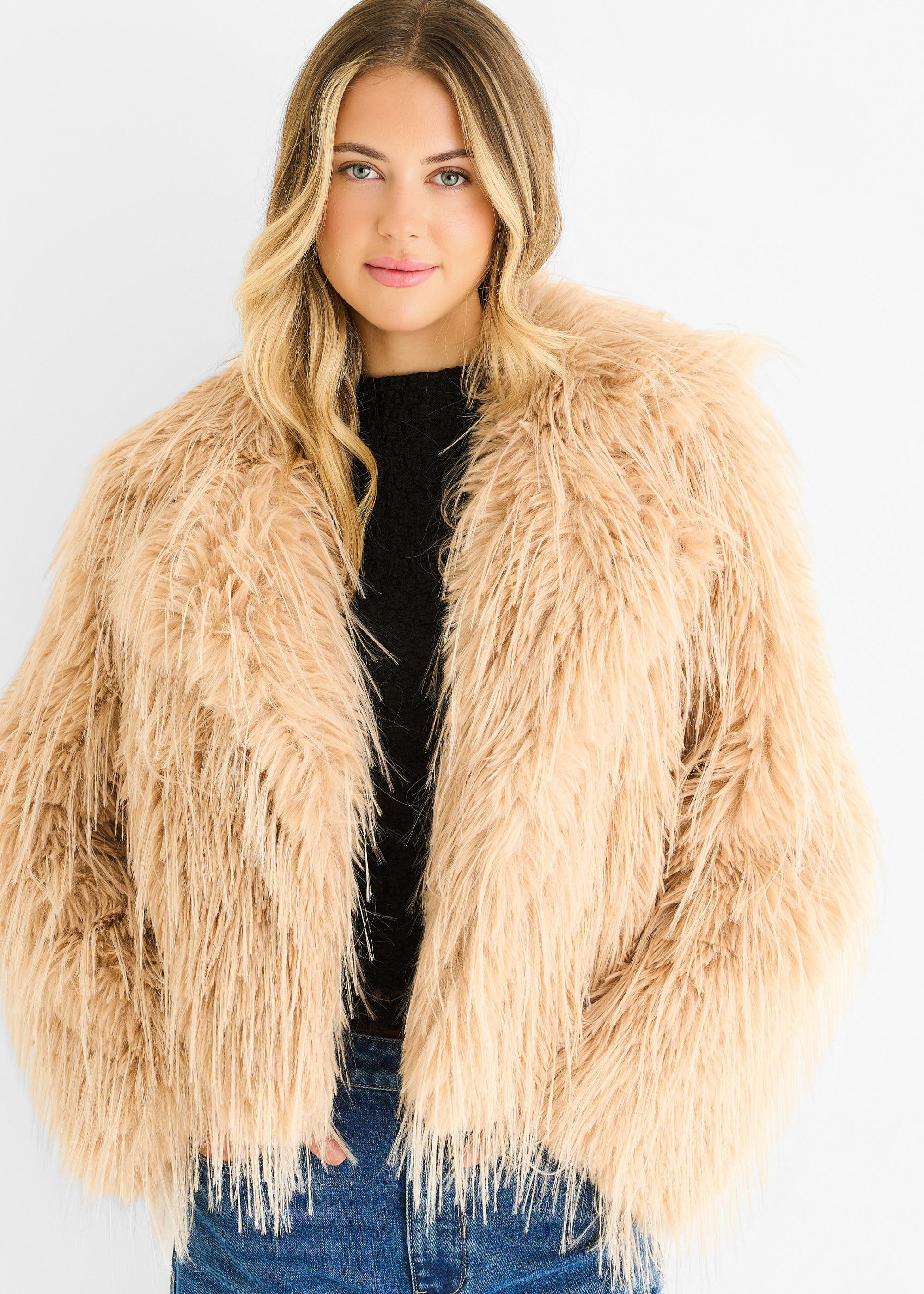 Light Camel Plain Fringe Faux Fur Short Jacket