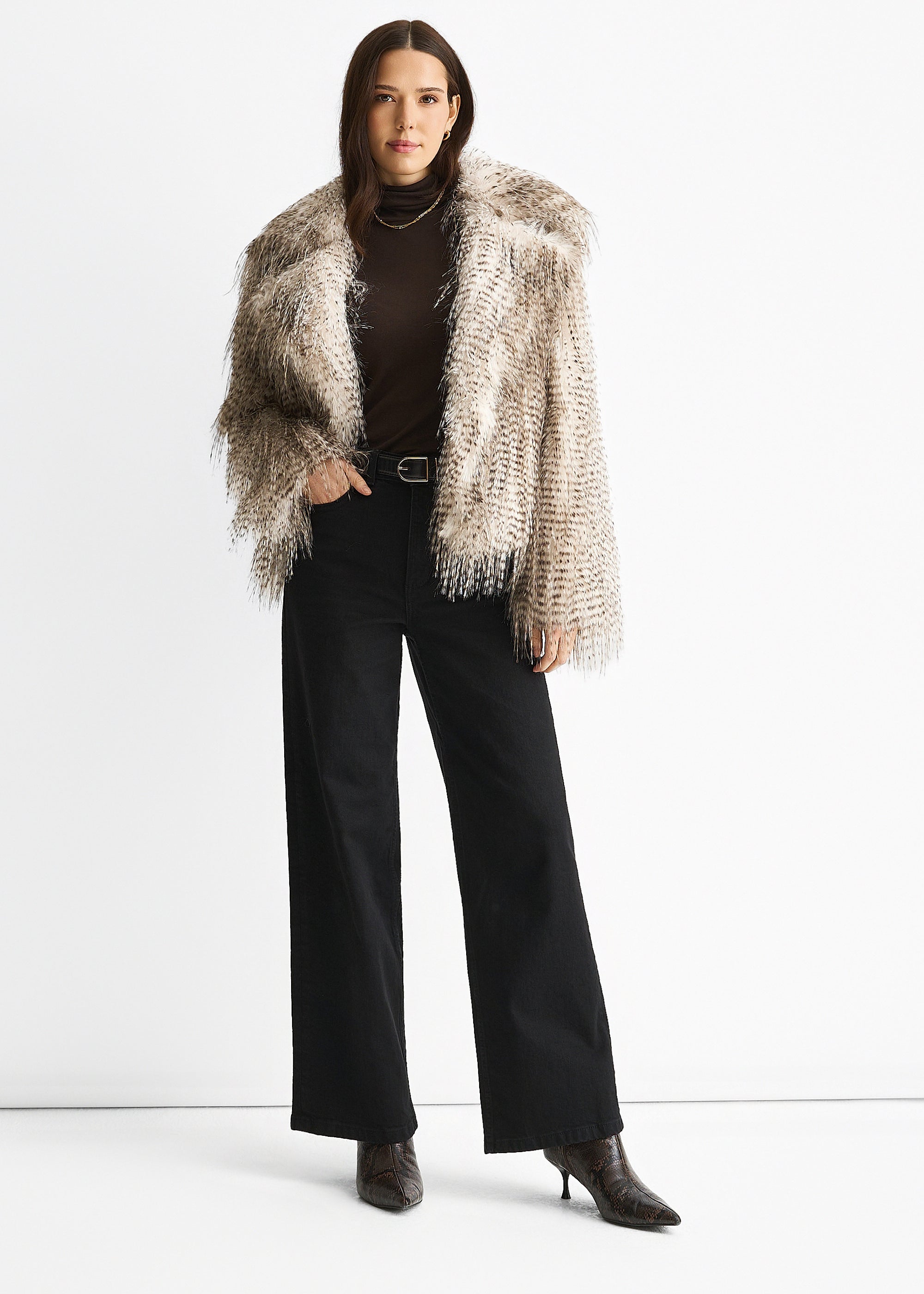 Brown Snow Leopard Faux Fur Short Jacket