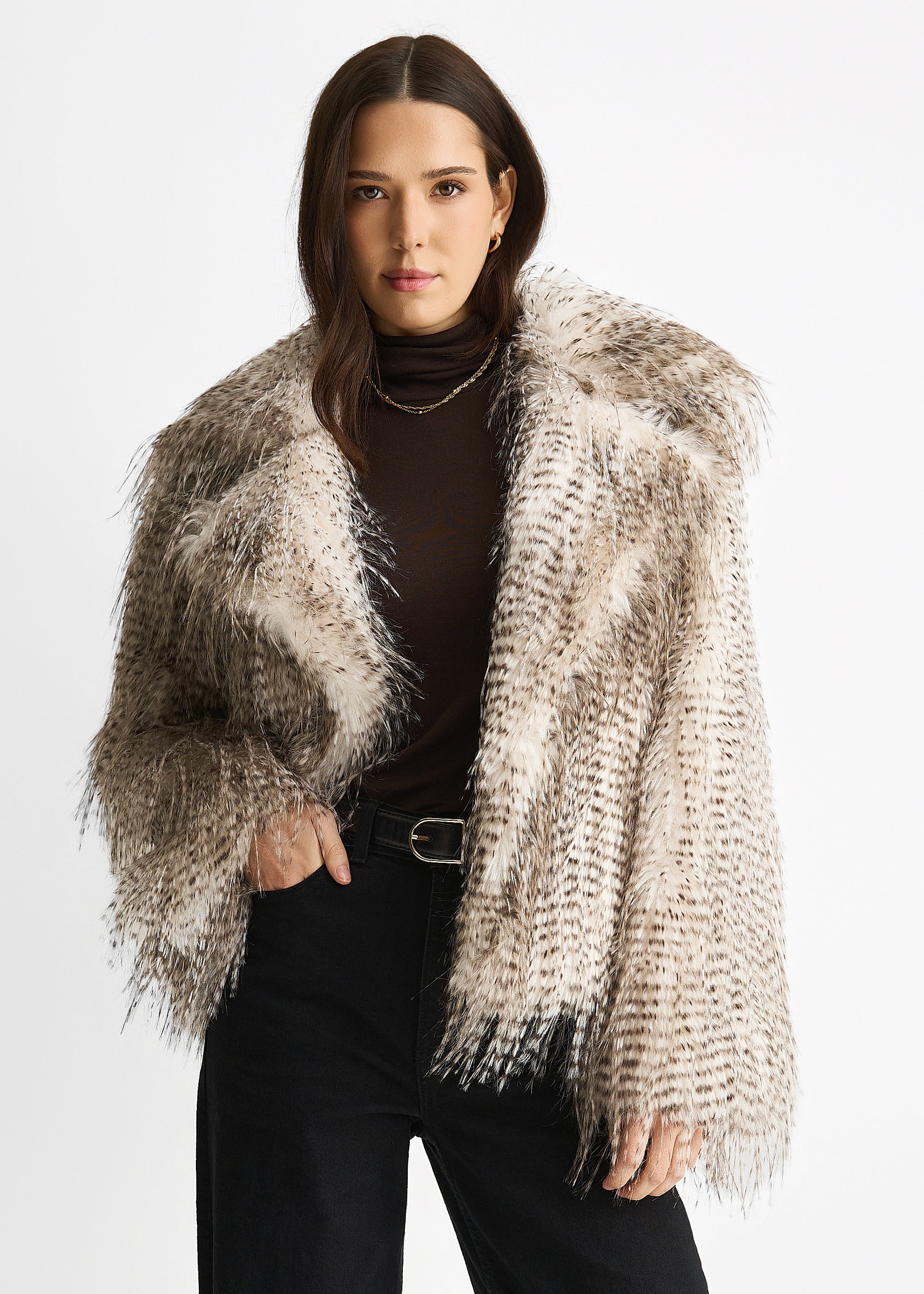 Brown Snow Leopard Faux Fur Short Jacket