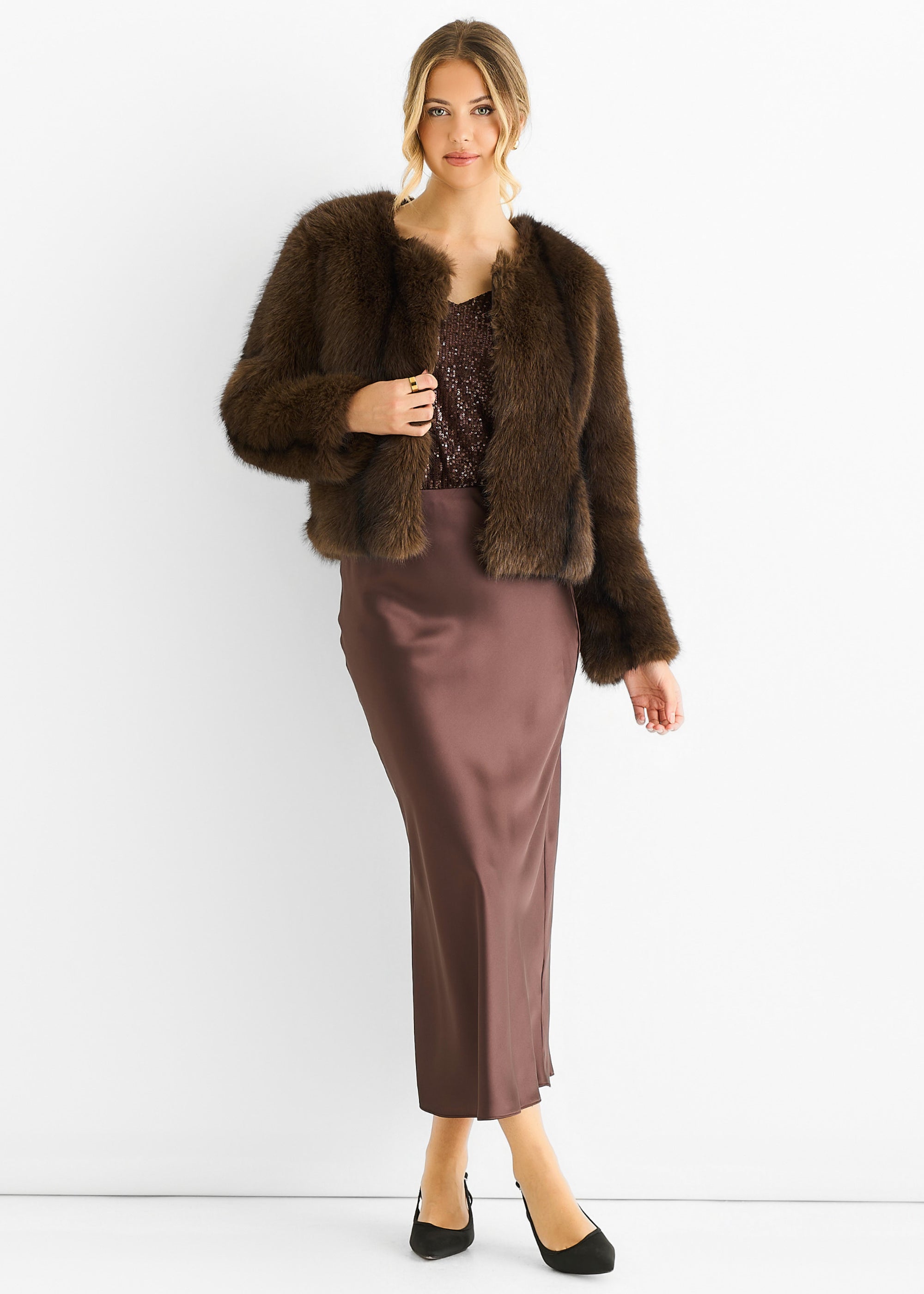 Coffee Round Neck Faux Fur Cropped Jacket