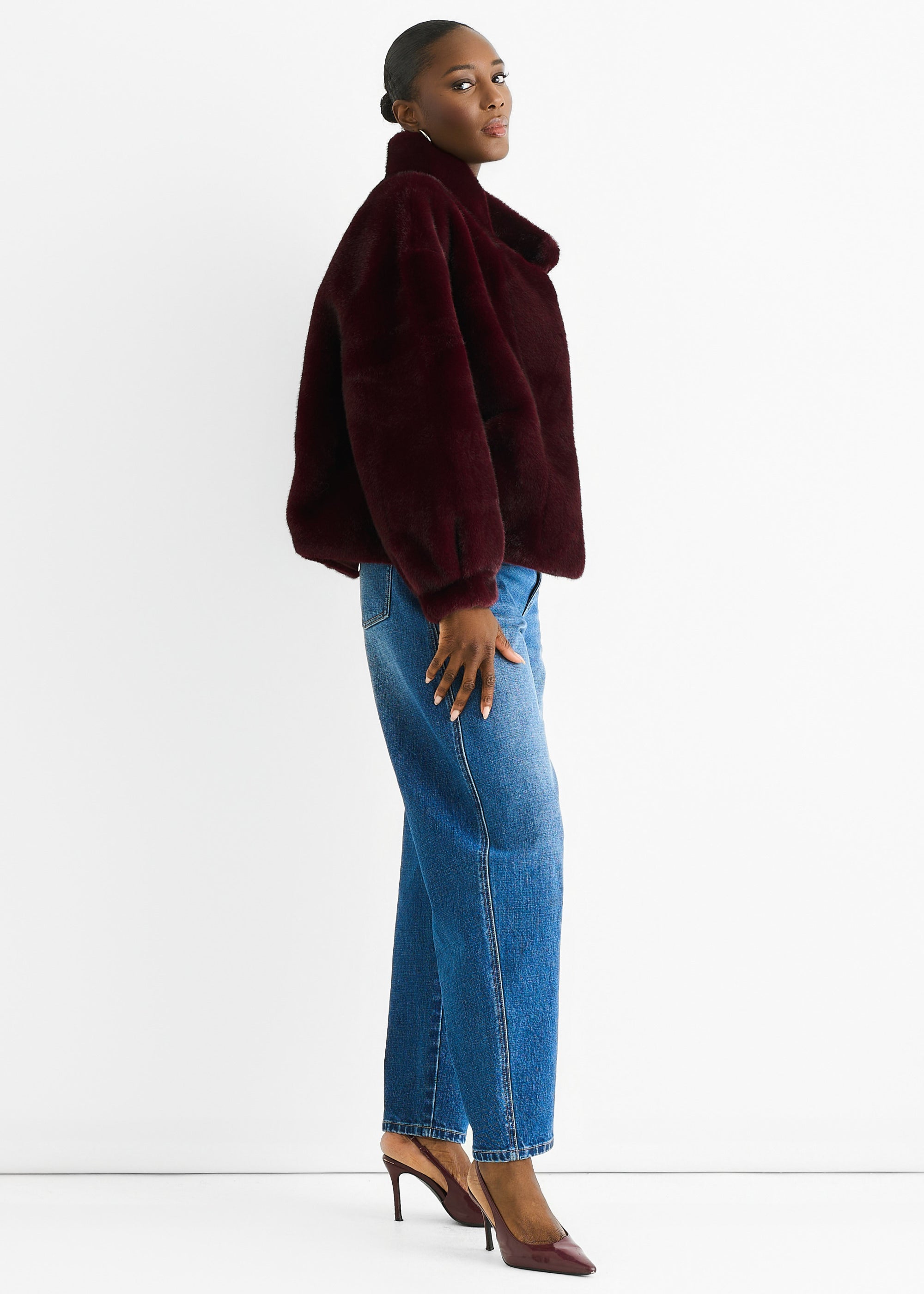 Burgundy Funnel Neck Button Up Faux Fur Jacket