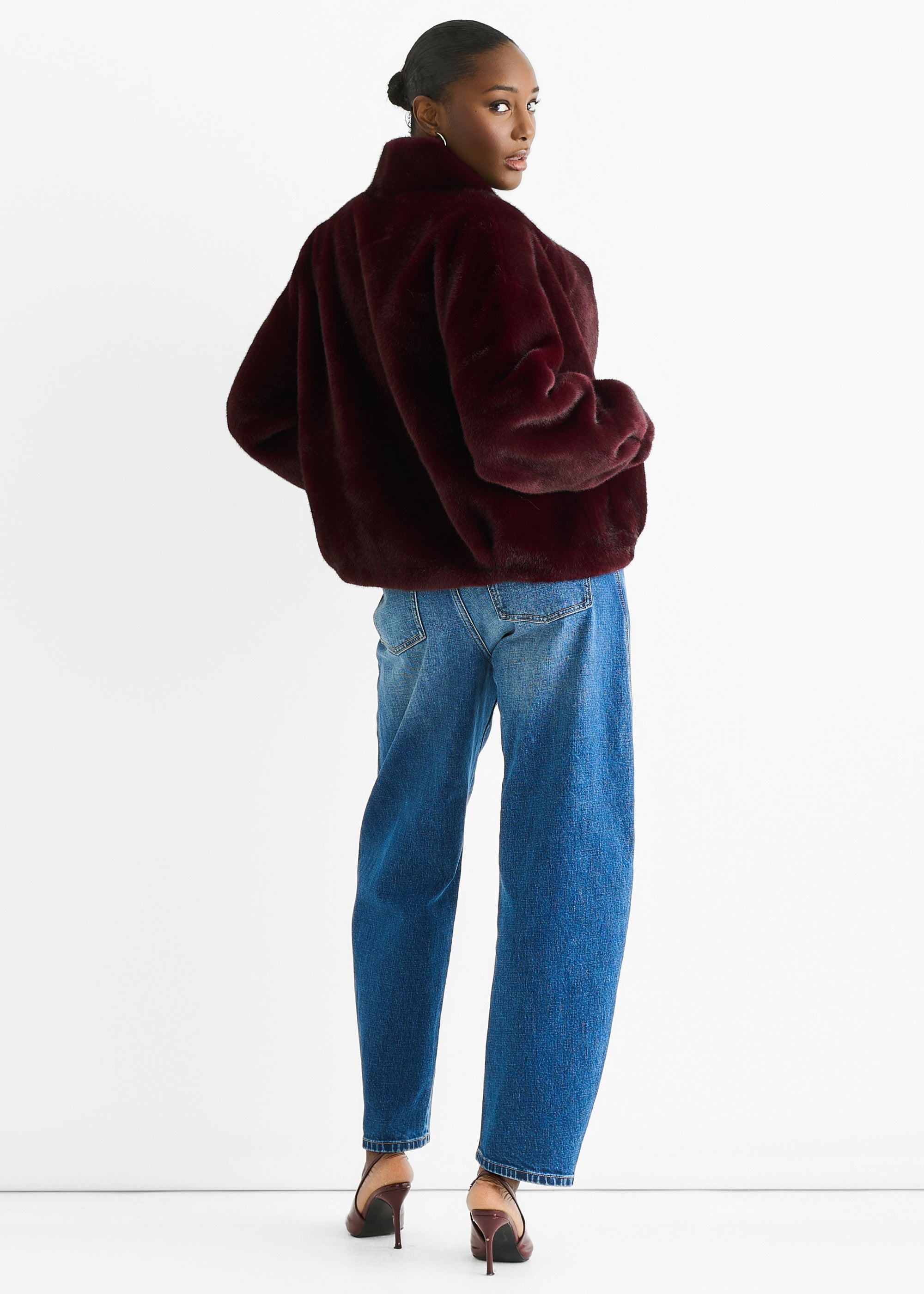 Burgundy Funnel Neck Button Up Faux Fur Jacket