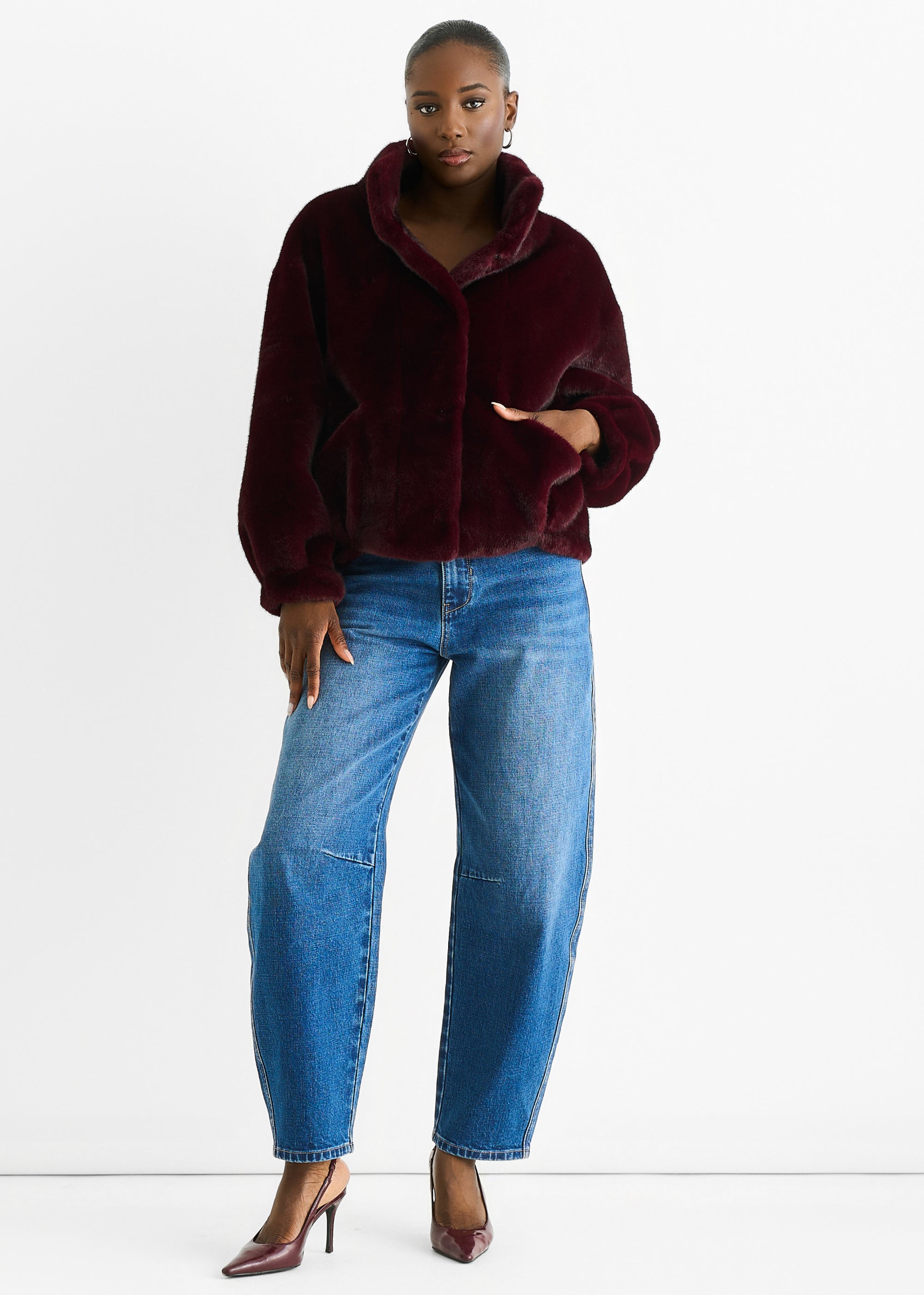 Burgundy Funnel Neck Button Up Faux Fur Jacket