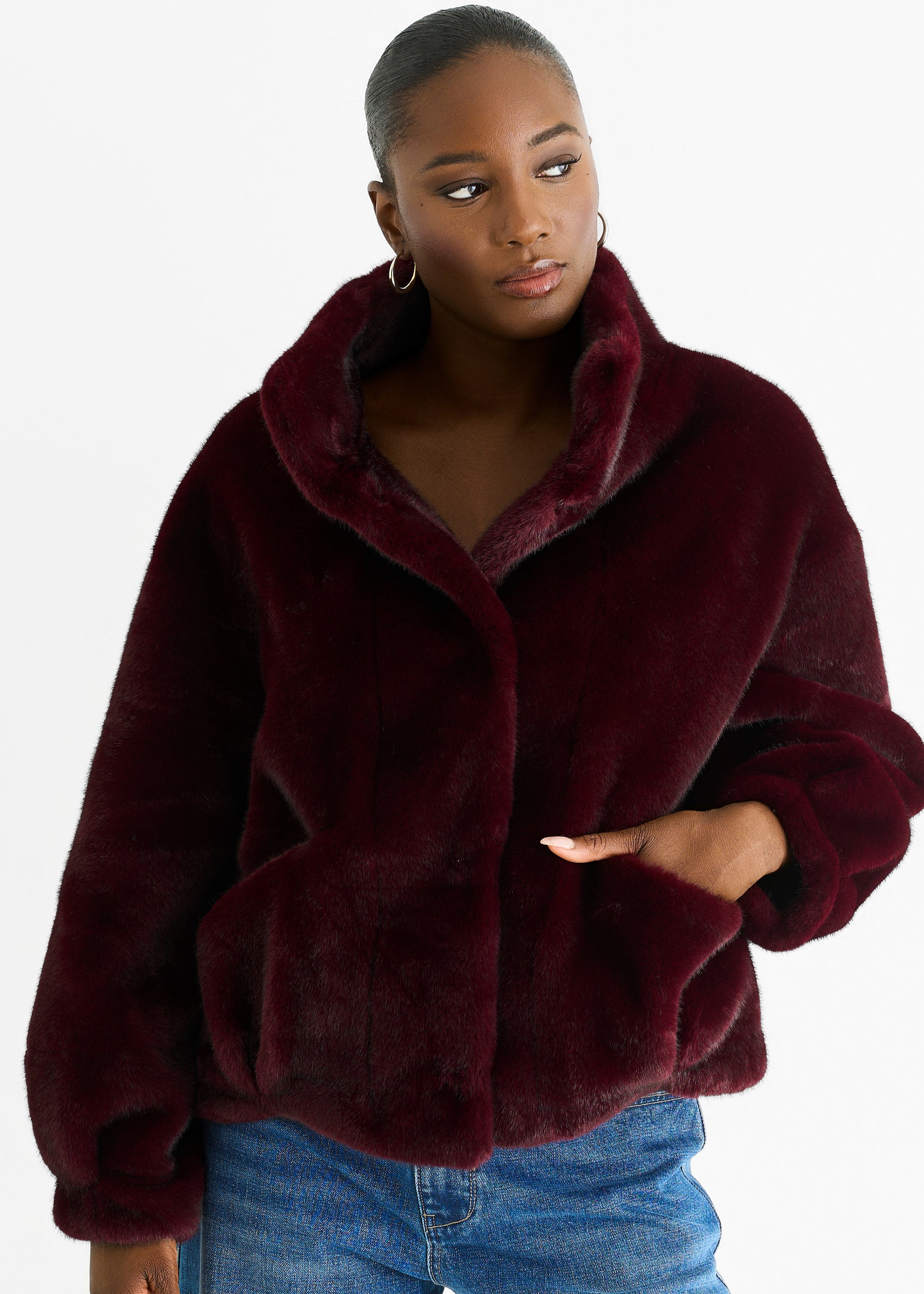 Burgundy Funnel Neck Button Up Faux Fur Jacket