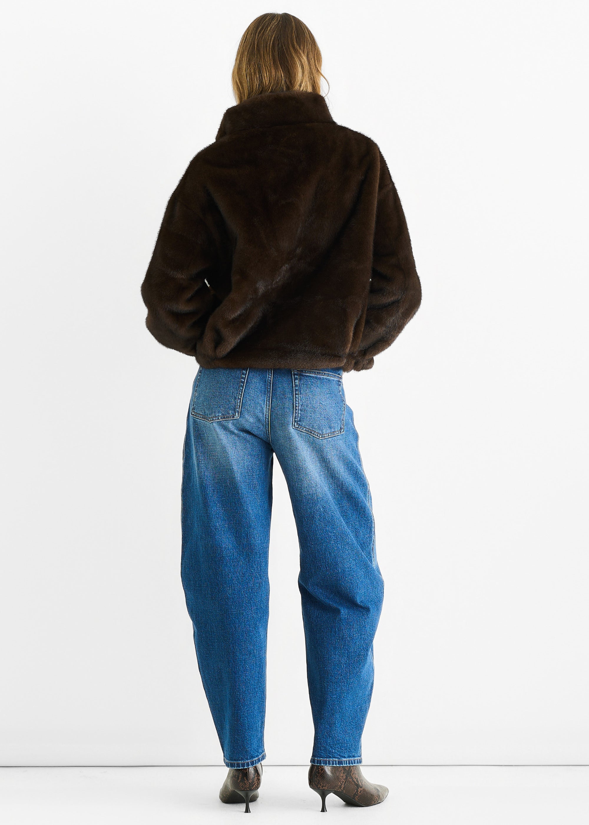 Coffee Funnel Neck Button Up Faux Fur Jacket