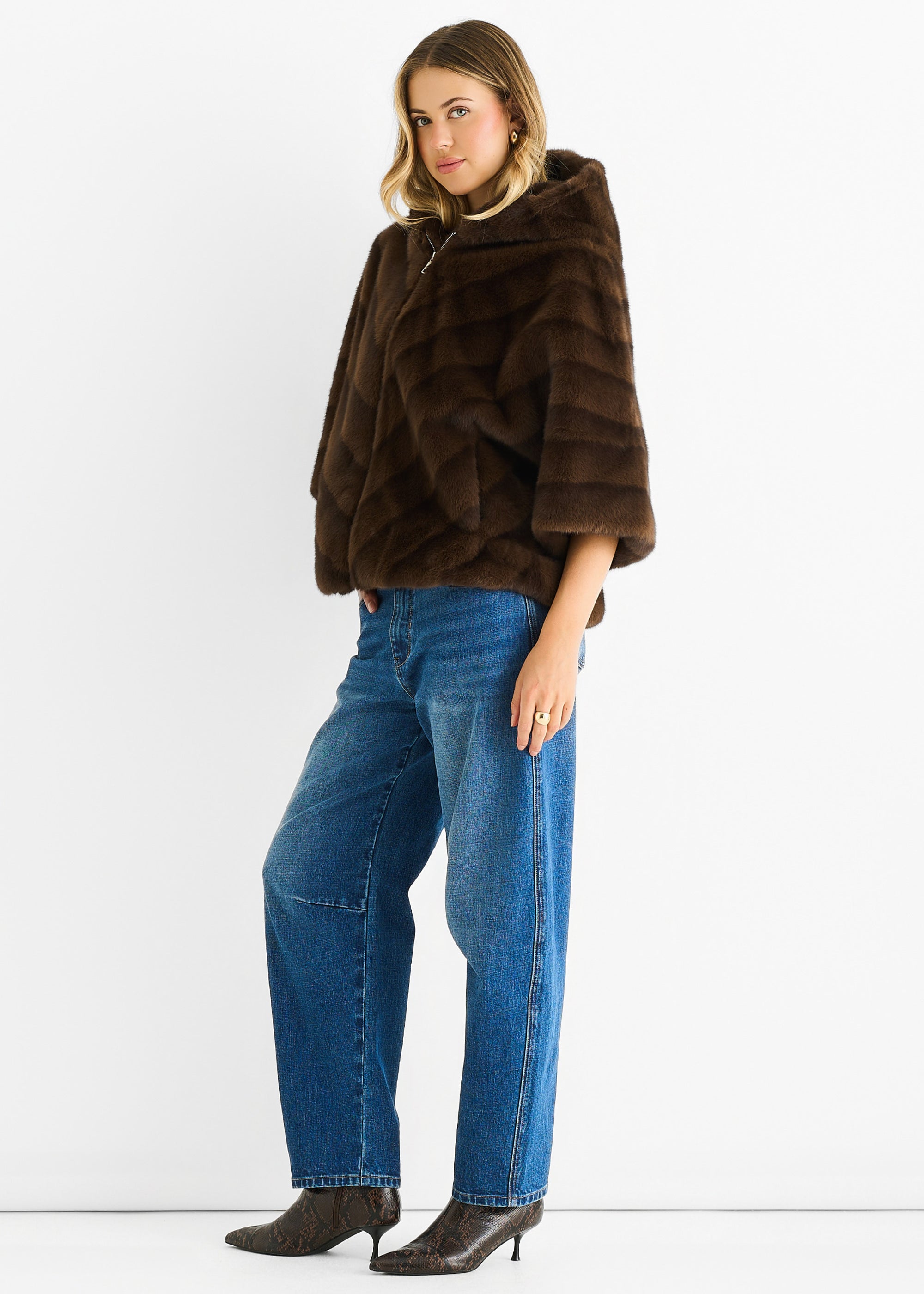 Coffee Hooded Chevron Faux Fur Cape Jacket