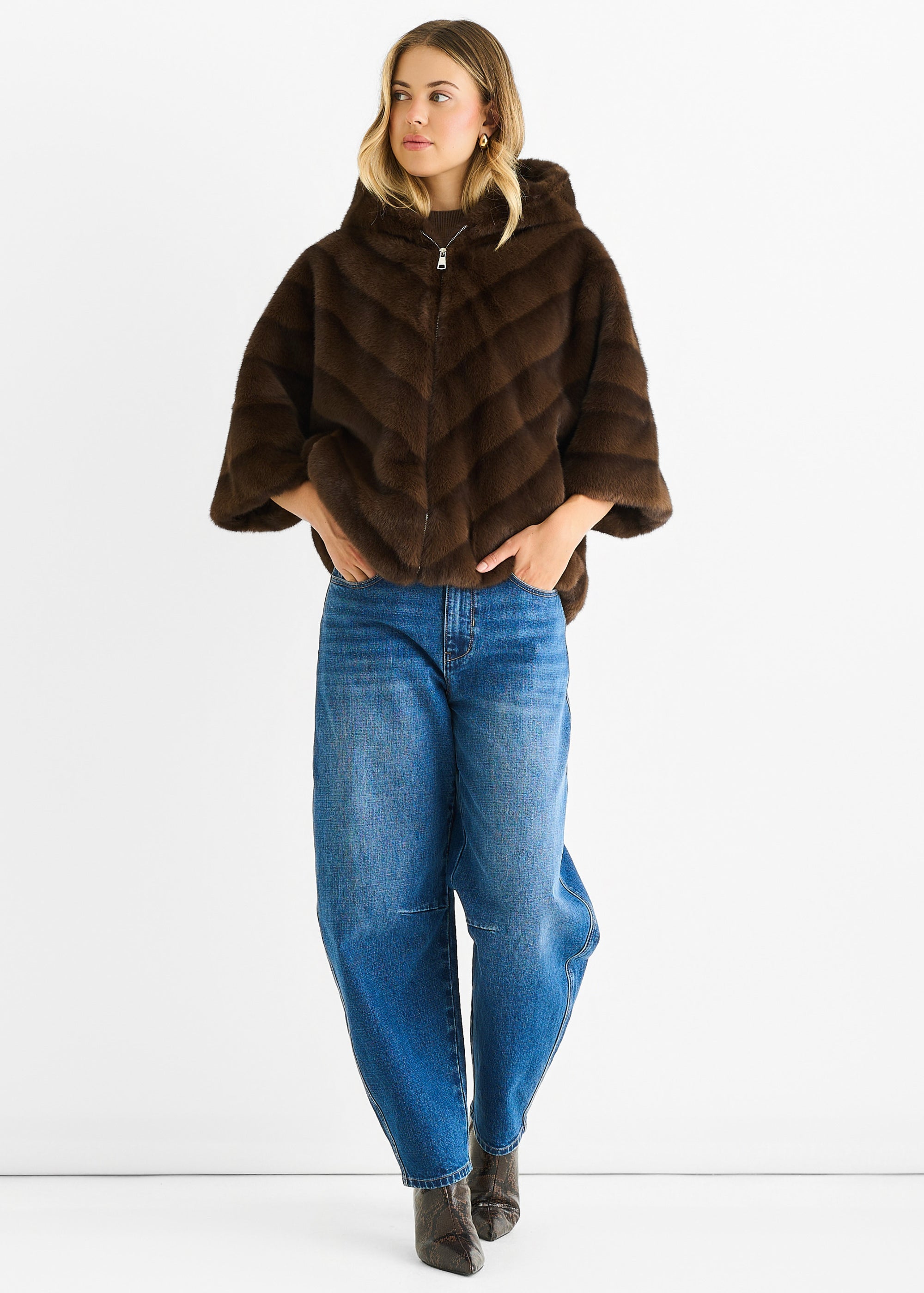 Coffee Hooded Chevron Faux Fur Cape Jacket