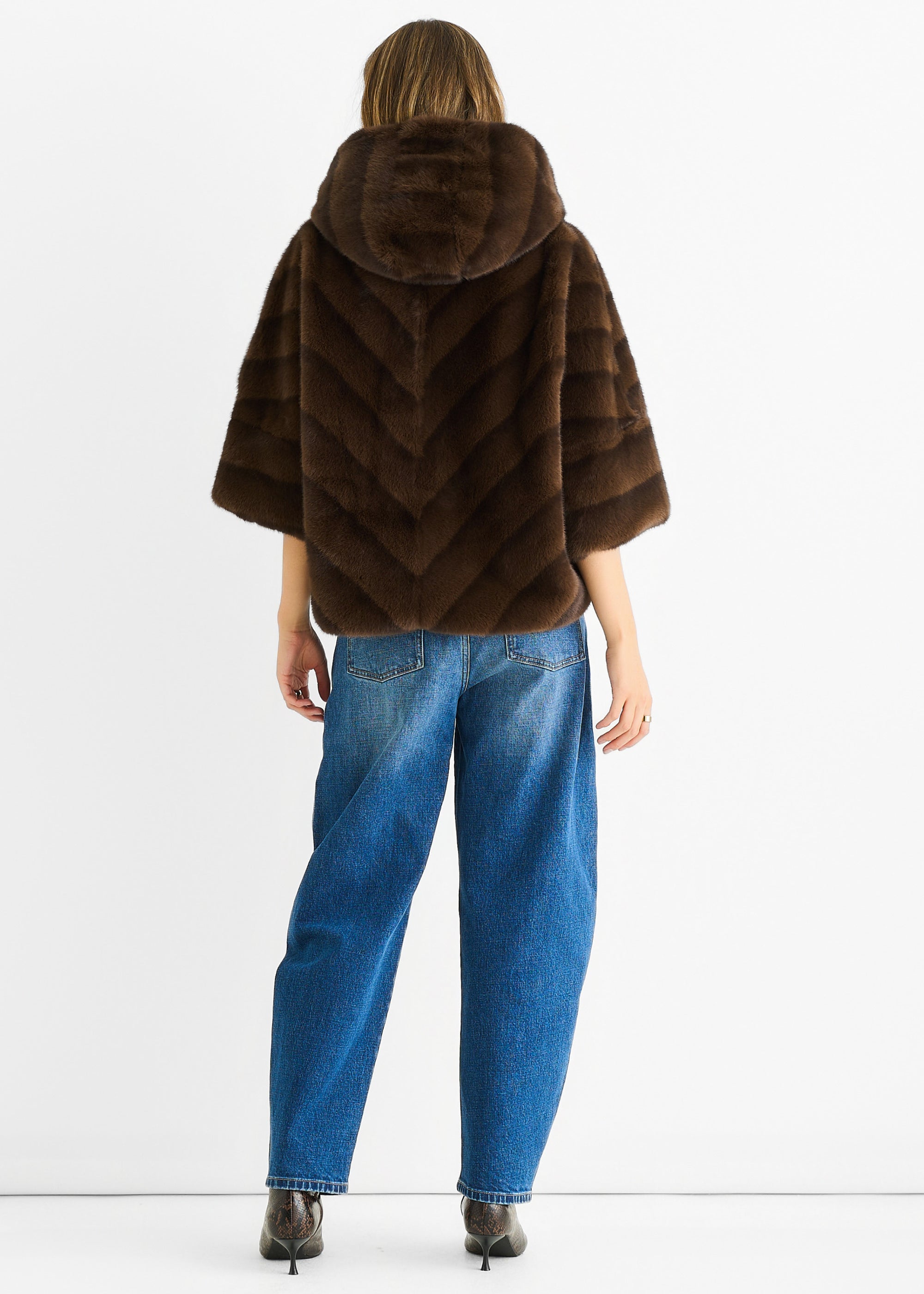 Coffee Hooded Chevron Faux Fur Cape Jacket