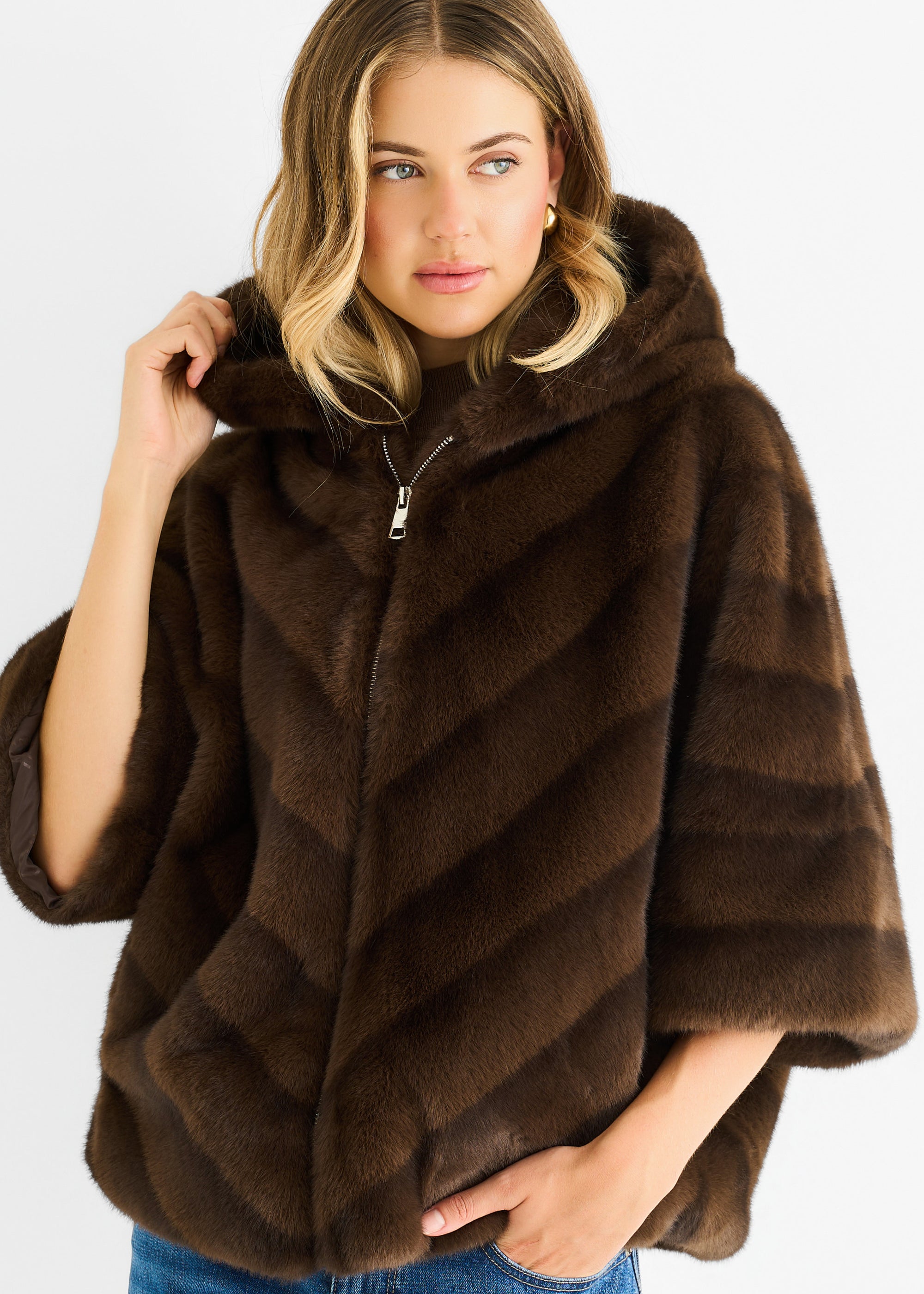 Coffee Hooded Chevron Faux Fur Cape Jacket