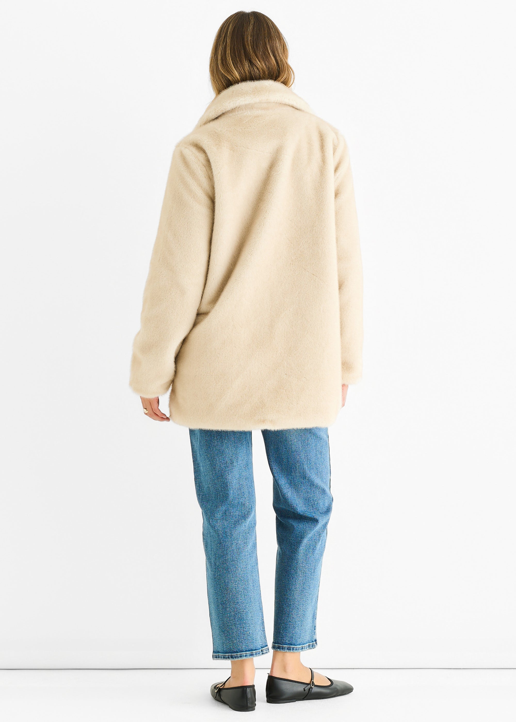 Beige Faux Fur Double Breasted Longline Jacket