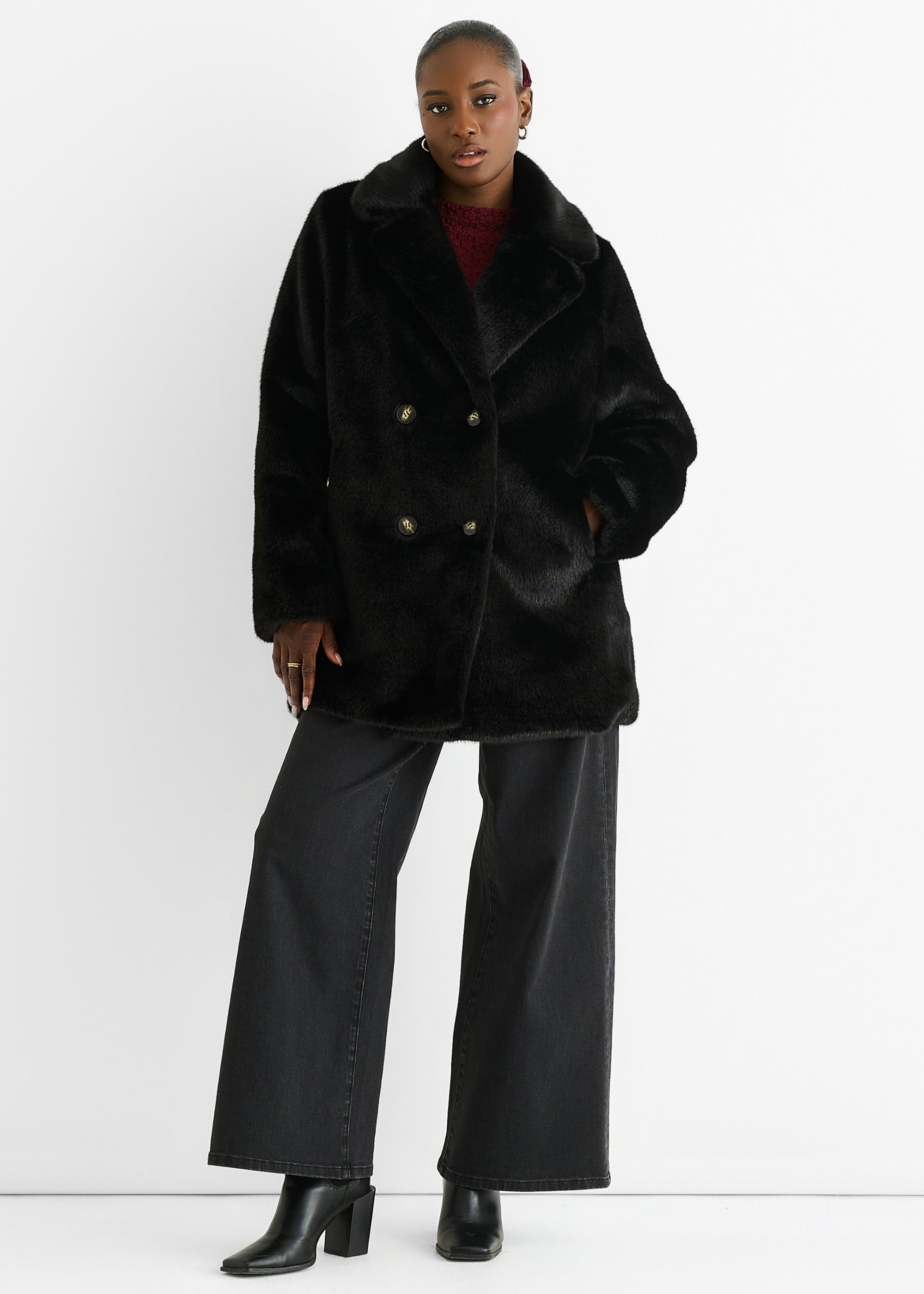 Black Faux Fur Double Breasted Longline Jacket