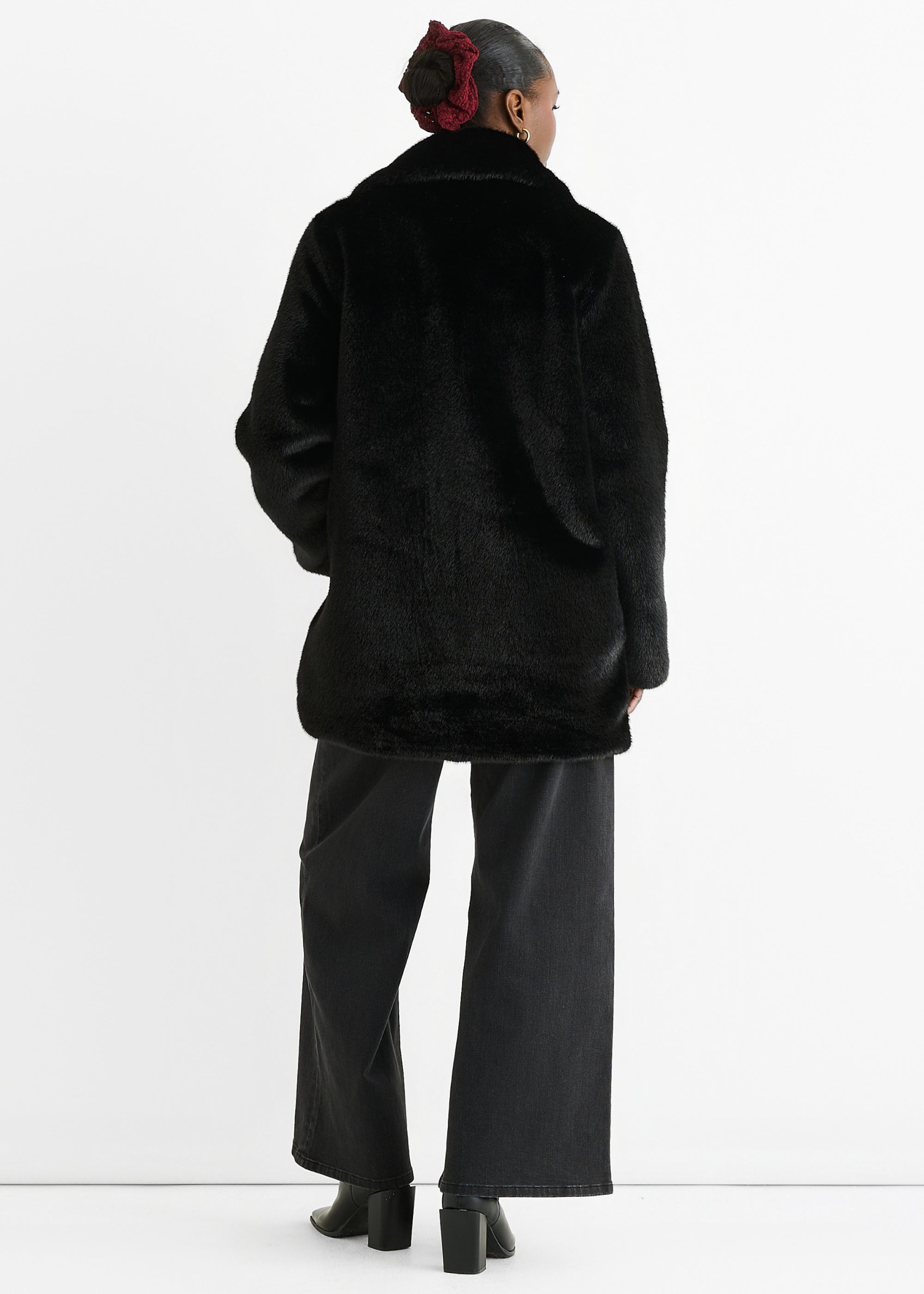 Black Faux Fur Double Breasted Longline Jacket