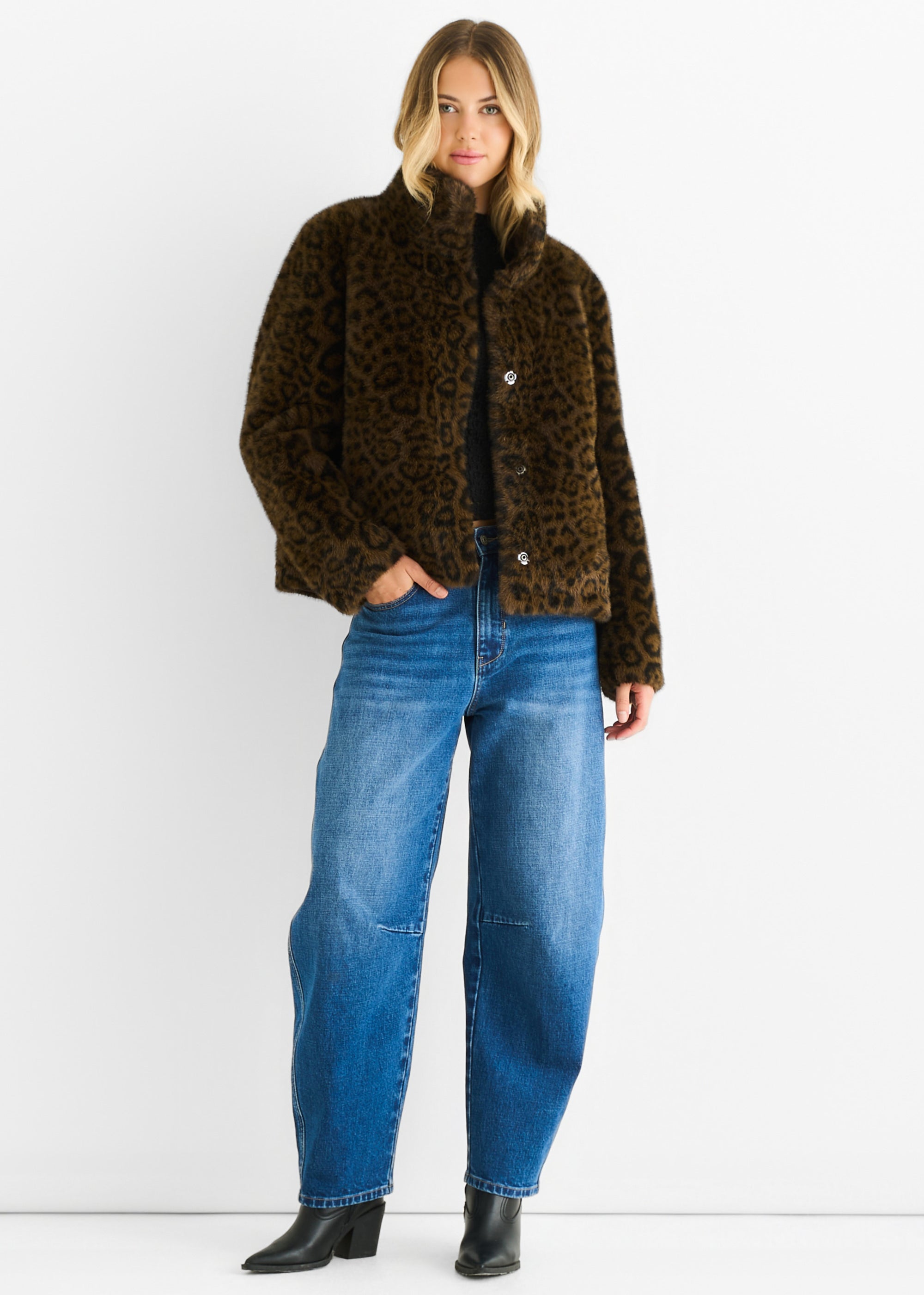 Brown Funnel Neck Leopard Print Faux Fur Jacket