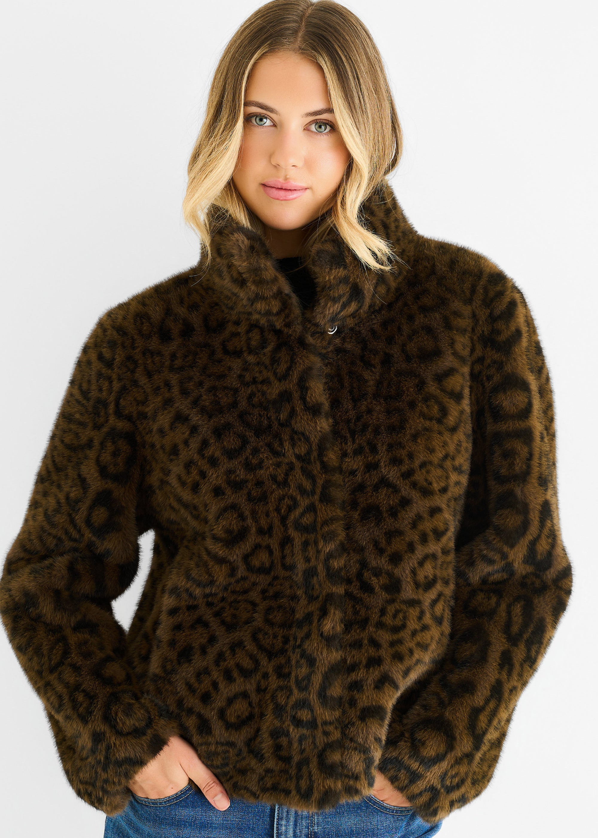 Brown Funnel Neck Leopard Print Faux Fur Jacket
