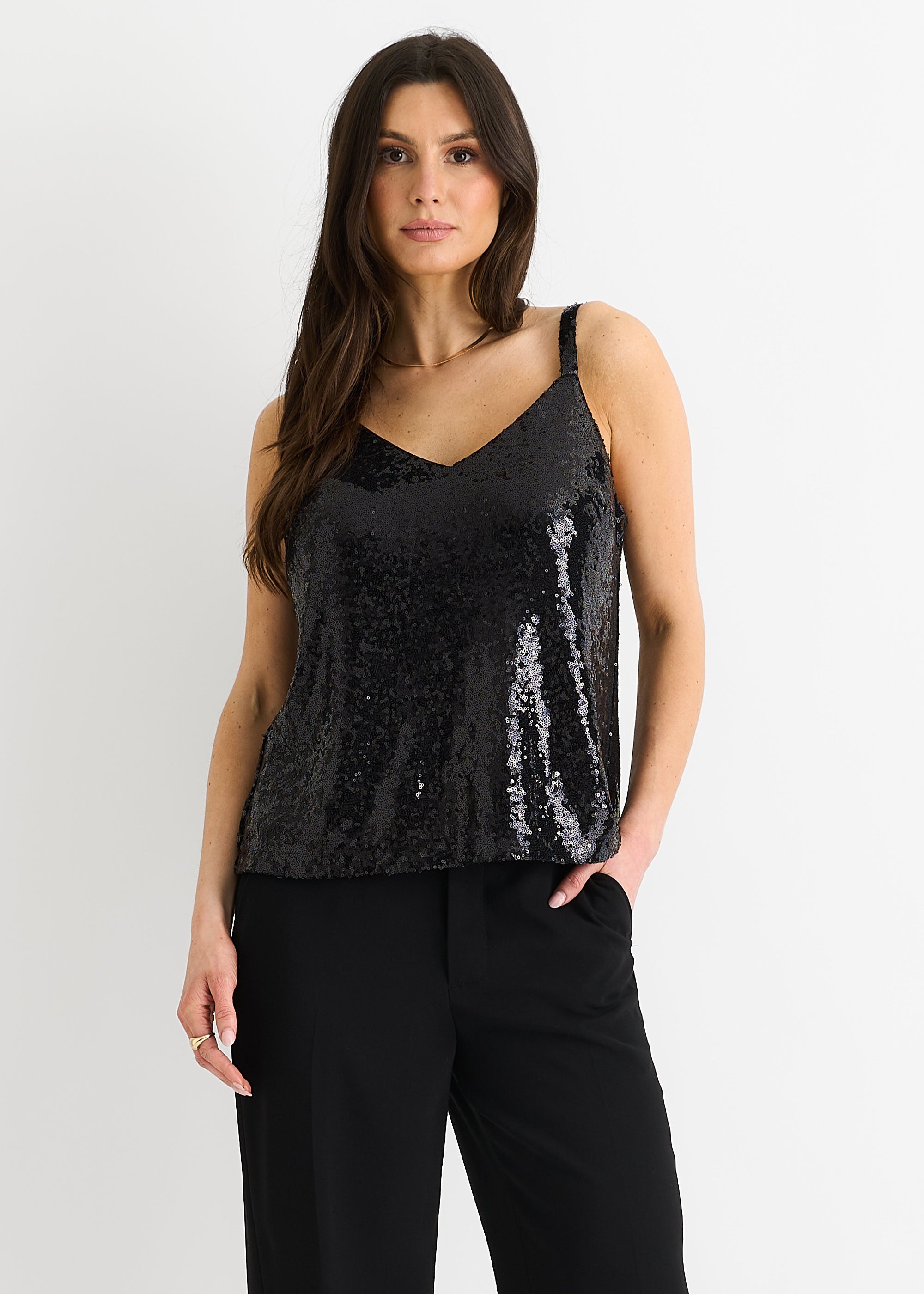 Black Sequin V Neck Cami Top