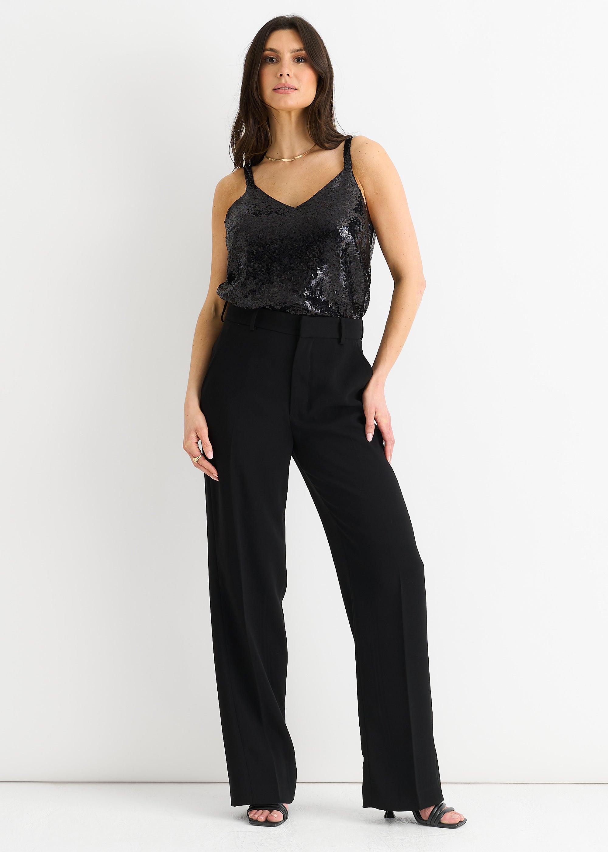 Black Sequin V Neck Cami Top