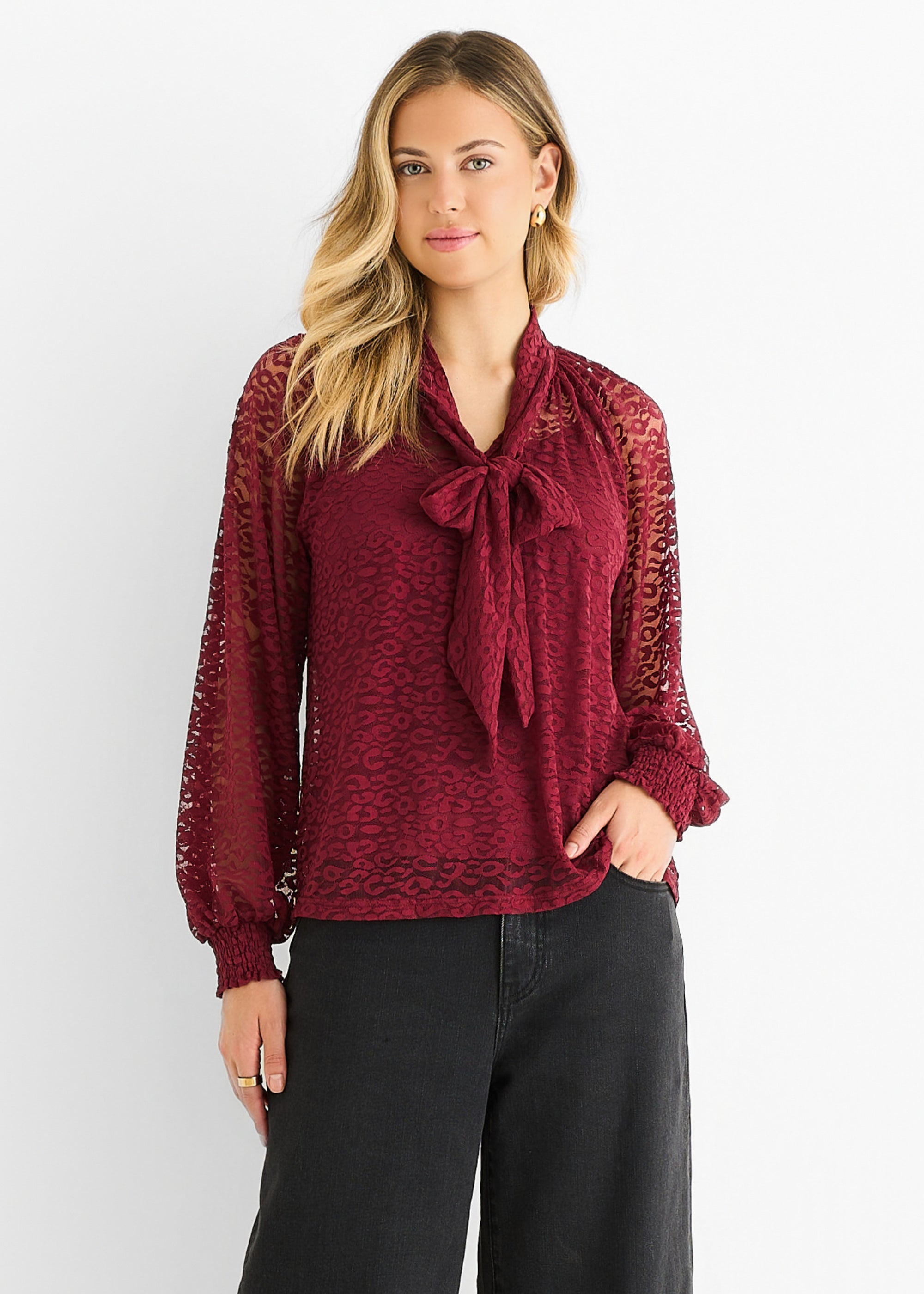 Burgundy Animal Lace Neck Tie Detail Blouse
