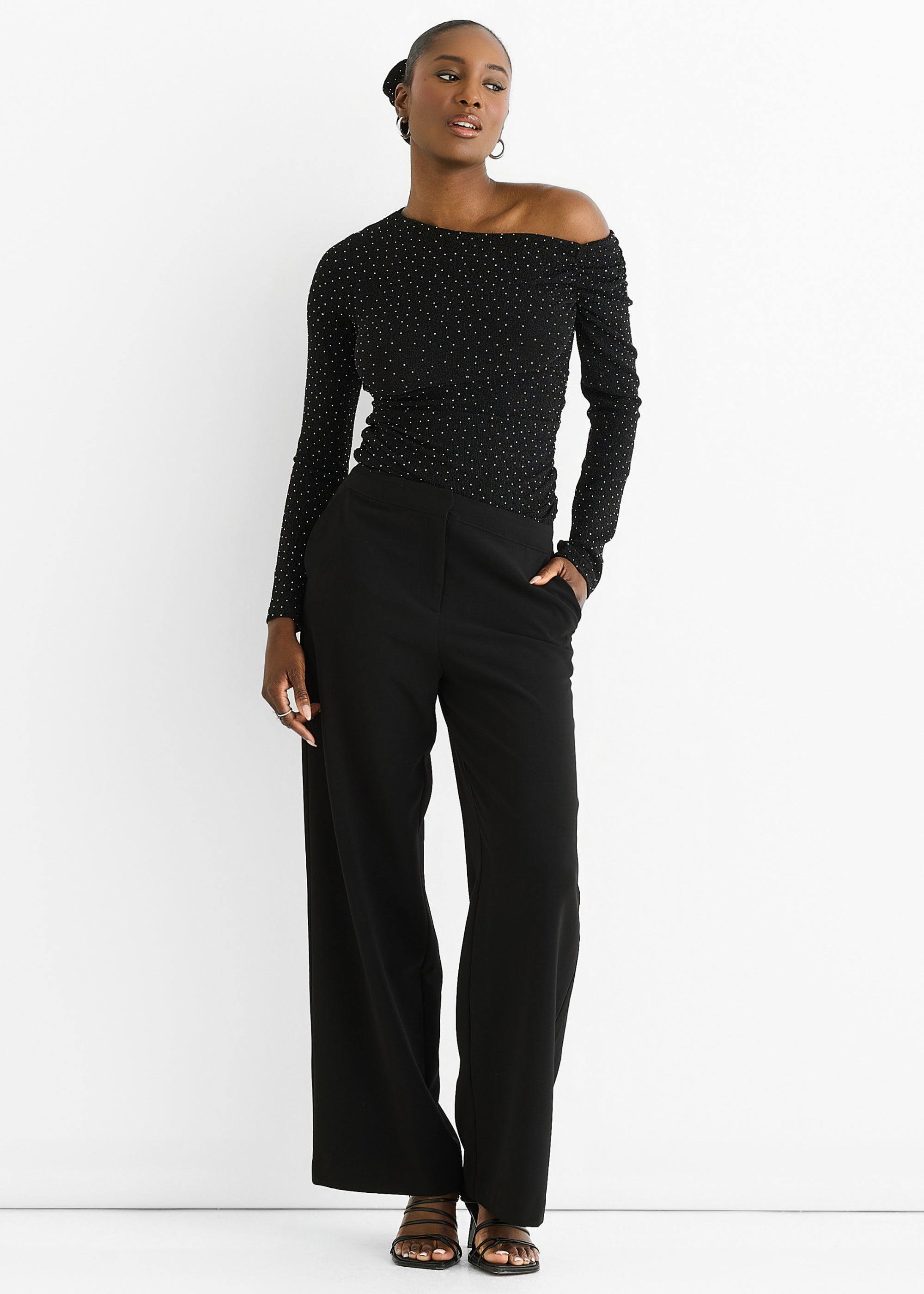 Black Diamante Slash Neck Top