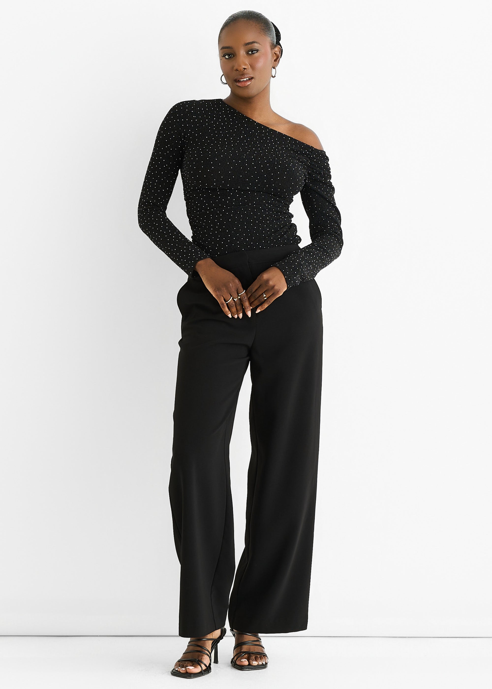 Black Diamante Slash Neck Top