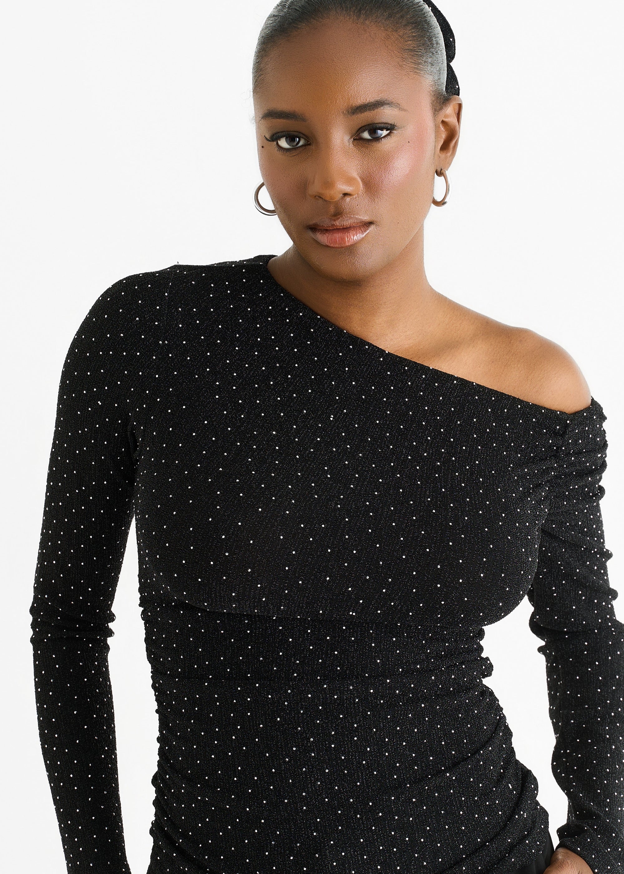 Black Diamante Slash Neck Top