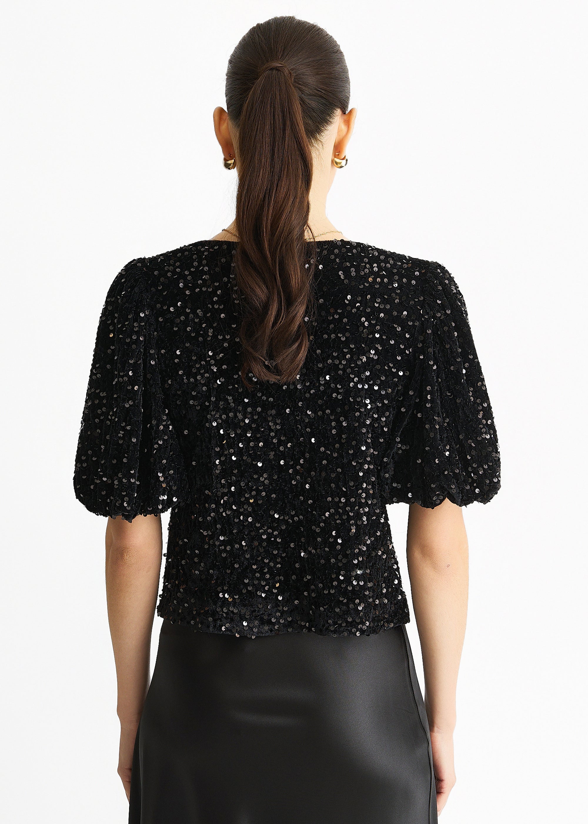 Black Velvet Sequin Bow Front Bubble Sleeve Top