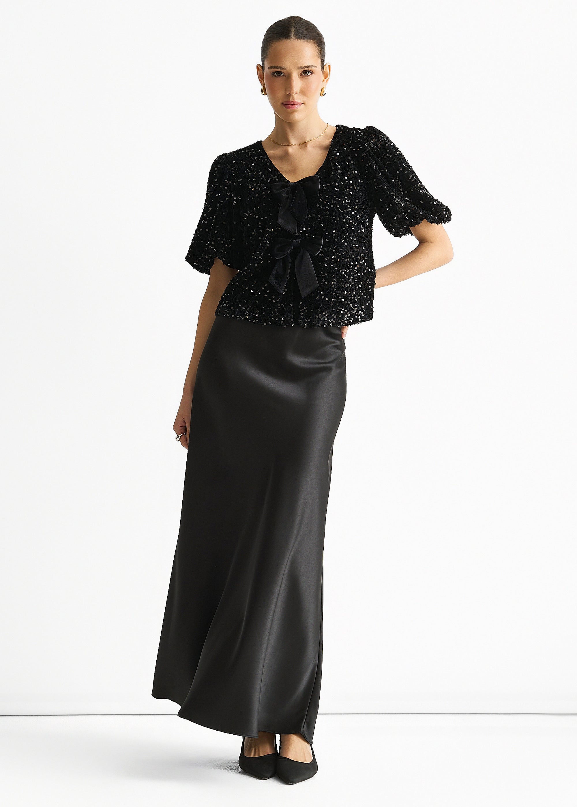 Black Velvet Sequin Bow Front Bubble Sleeve Top